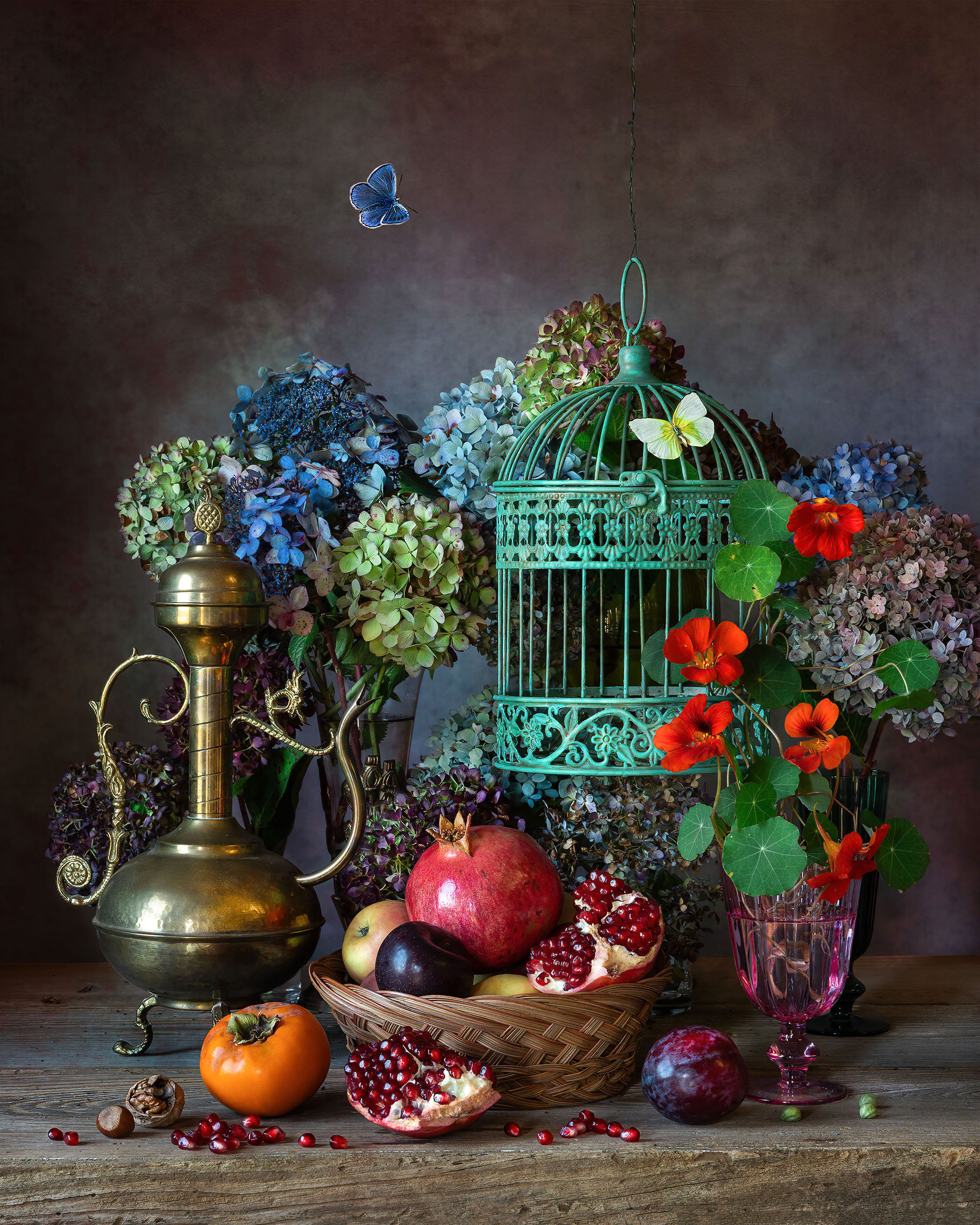 hydrangea, fruit, bird cage, butterfly, persimmon, nastutium, pomegranates, oldmasters, still life, dutch masters, Слуцкая Яна