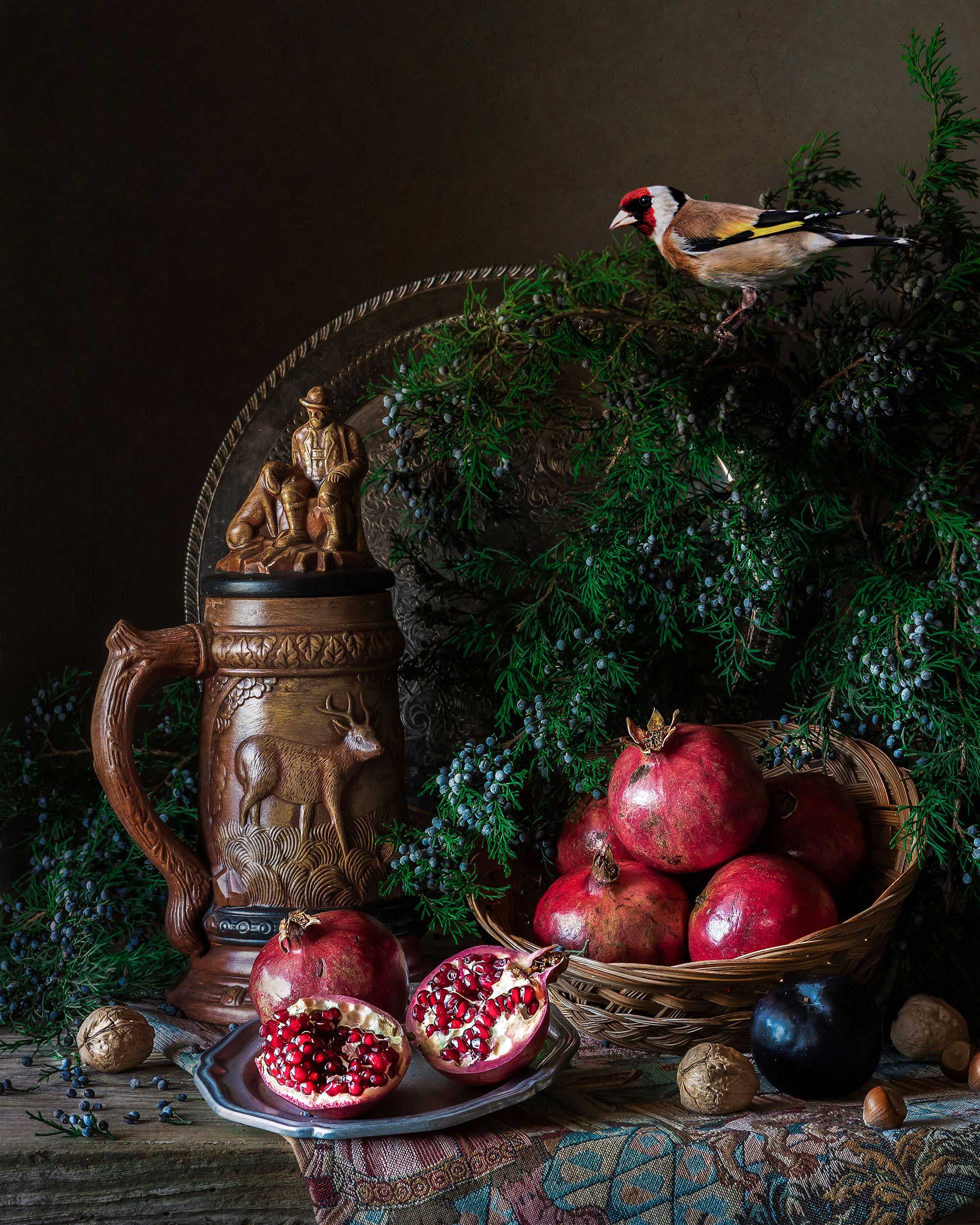 pomegranates, goldfinch, old masters, still life, натюрморт, щегол, гранаты, Слуцкая Яна
