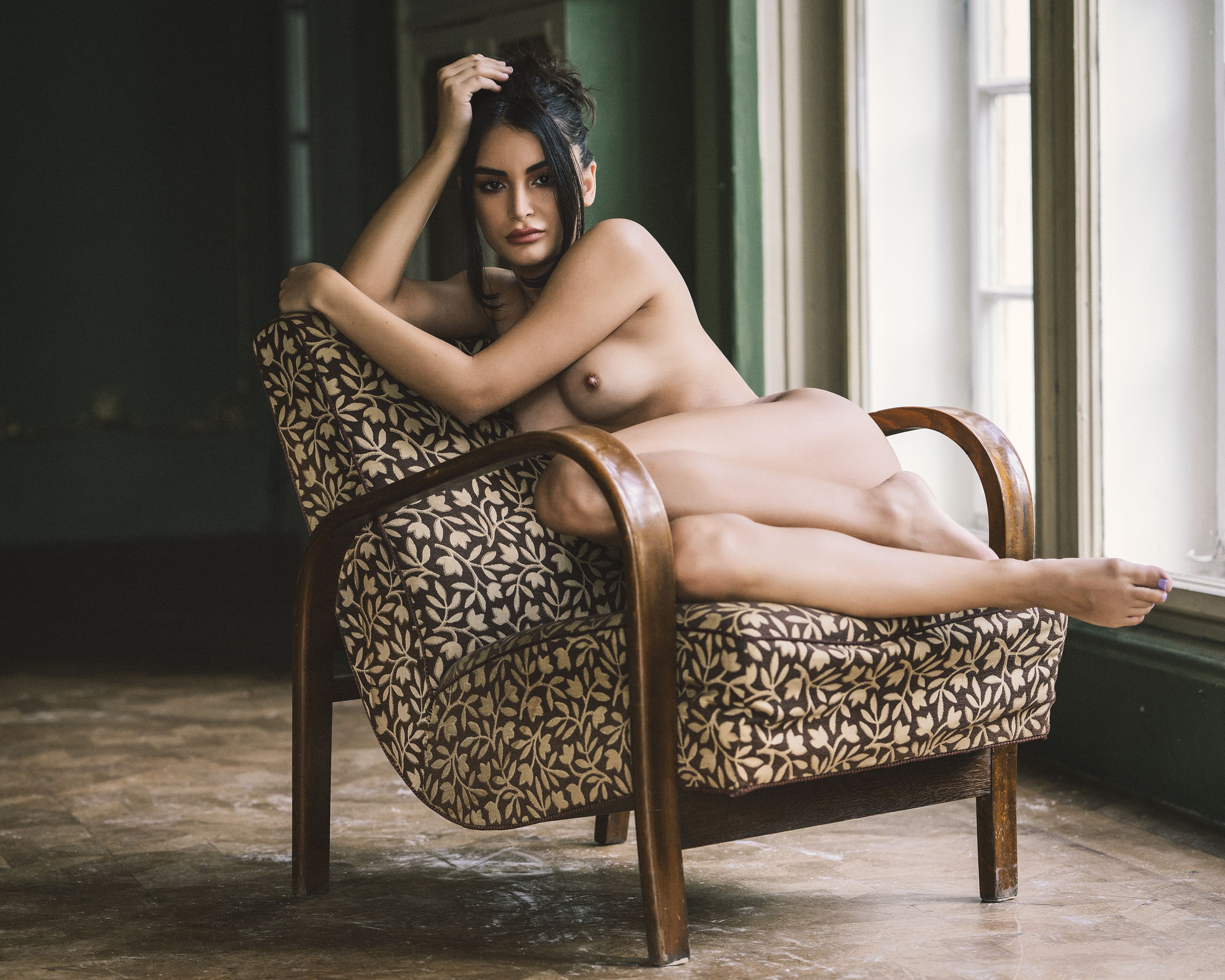 beautiful woman, beauty, chair, femininity, front view, grace, individuality, indoors, lifestyles, looking at camera, melancholy, naked, nude, one person, portrait, pose, relaxation, seductive women, sensuality, sitting, window, young women, Alex Tsarfin