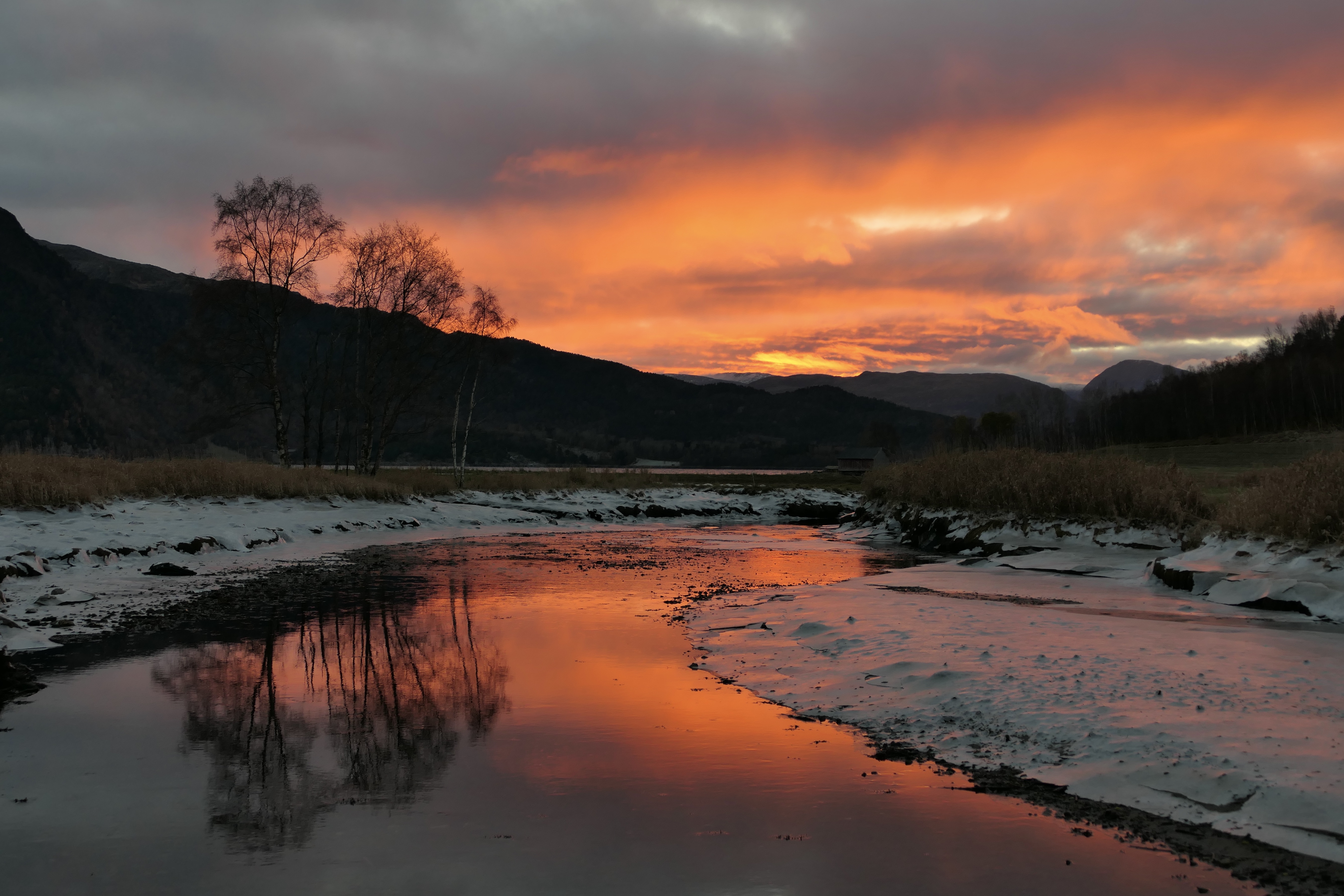 Landscapes, Norway, river, sunrise, colorful, reflection, tree silhouette, snow, frost, cold, , Svetlana Povarova Ree