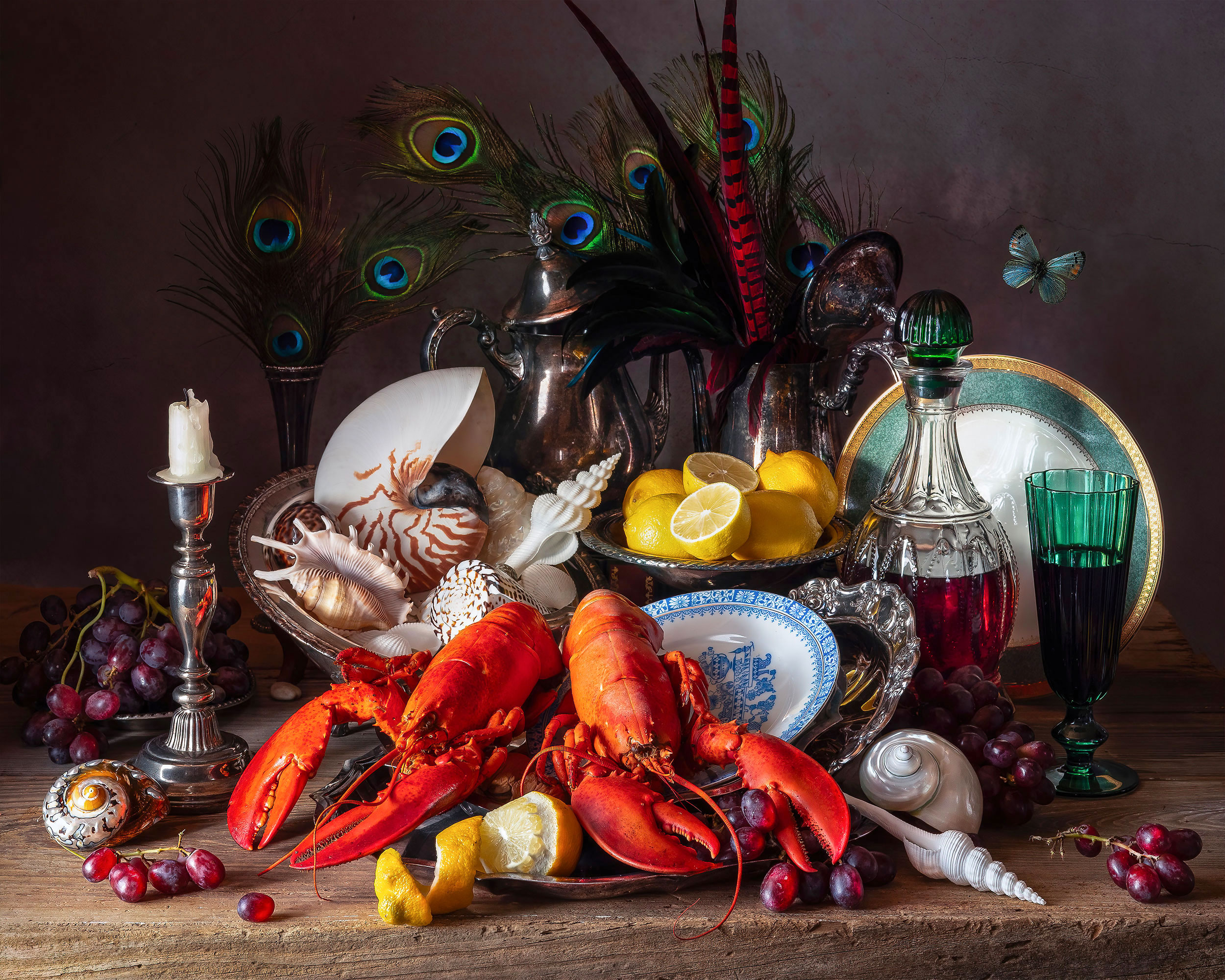 still life, lobsters, classic art, dutch art, opulence, still life photography, antique, rustic, shells, wine, grapes, fruit, Слуцкая Яна