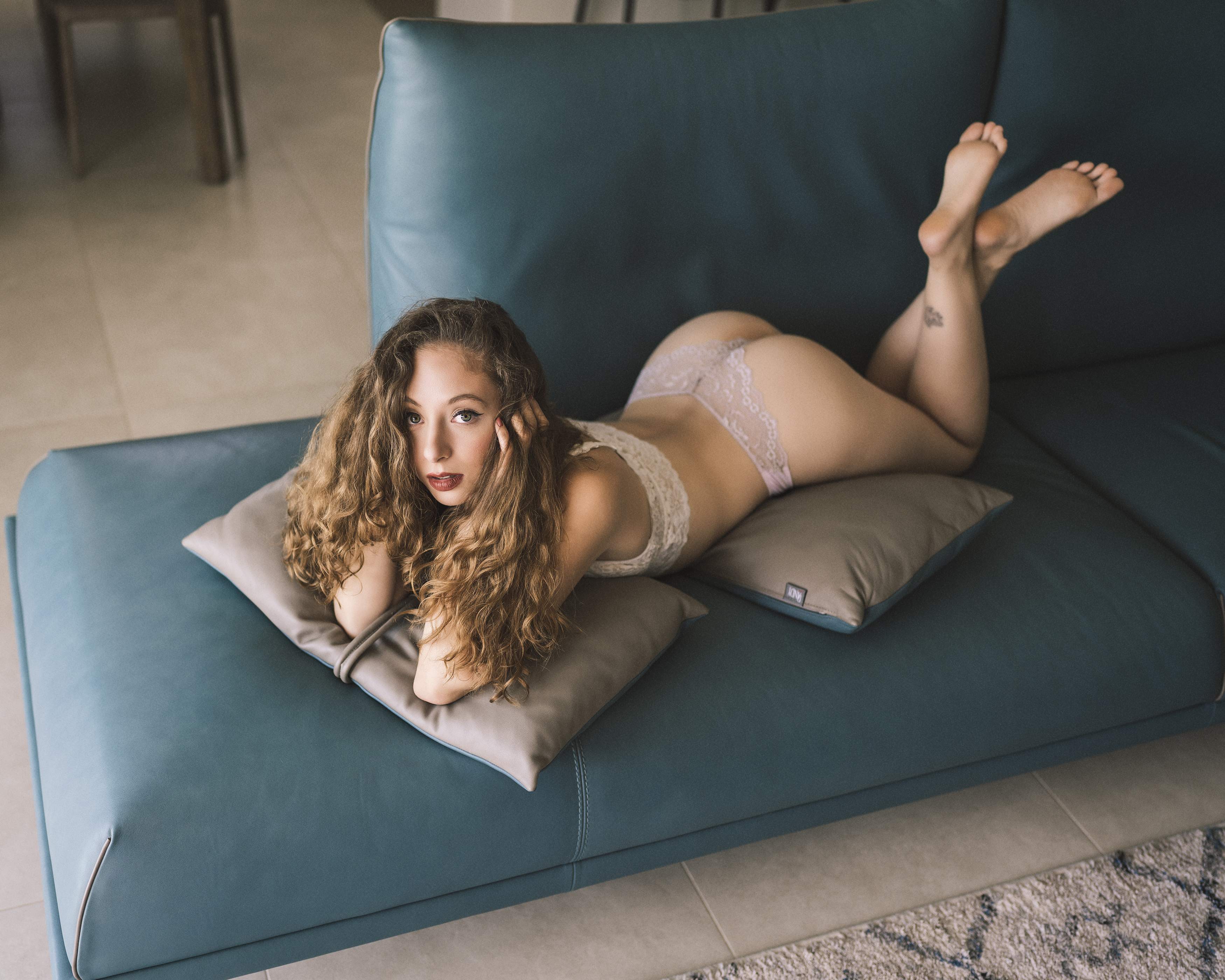 beautiful woman, beauty, fashion, female, femininity, girl, grace, individuality, indoors, lifestyles, lingerie, looking at camera, one person, portrait, pose, relaxation, seductive women, sensuality, sofa, tattoo, underwear, young women, Alex Tsarfin