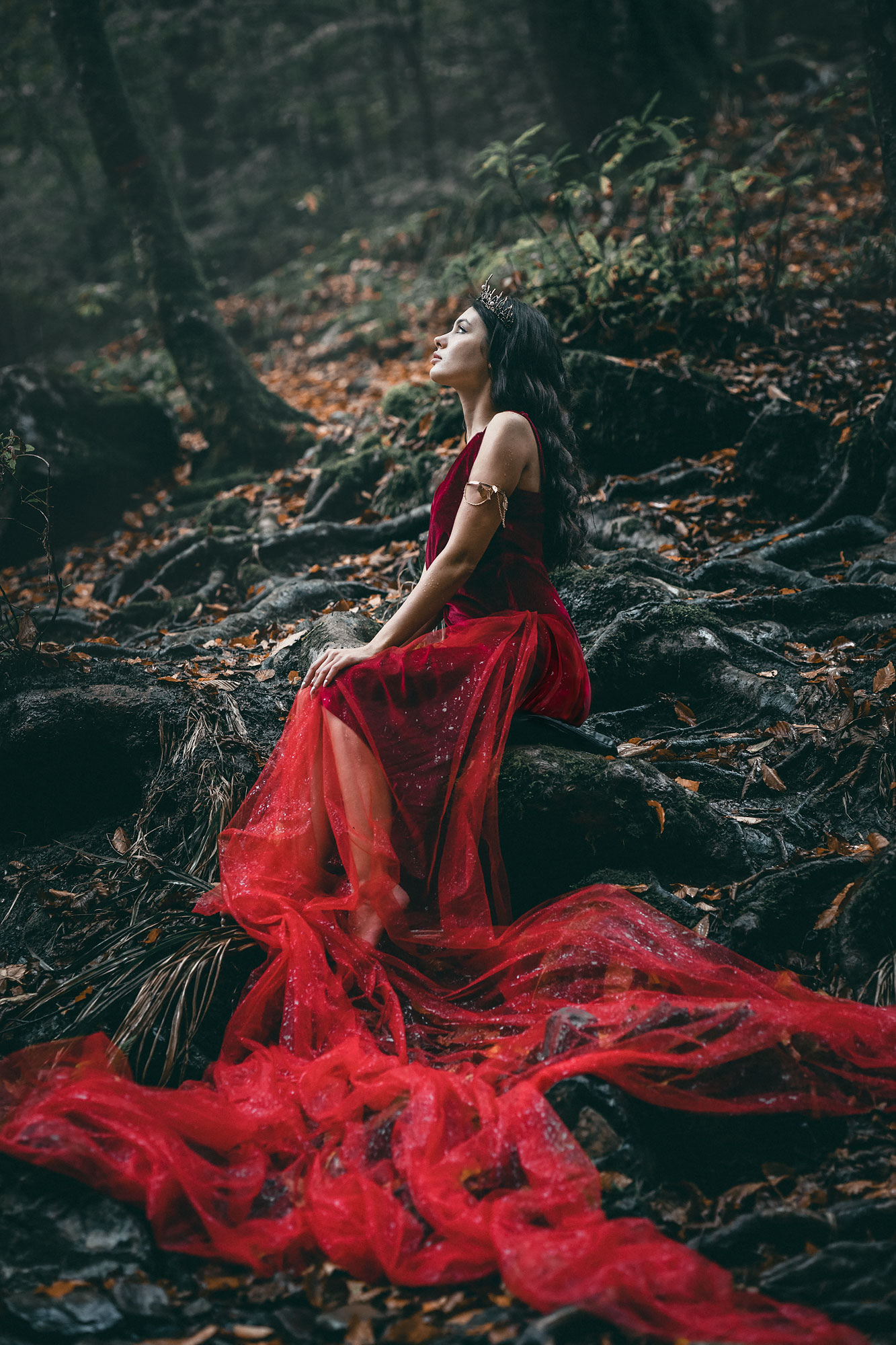 темноволосая девушка осень красное дождь лес корни сказочная, Ирина Мухина
