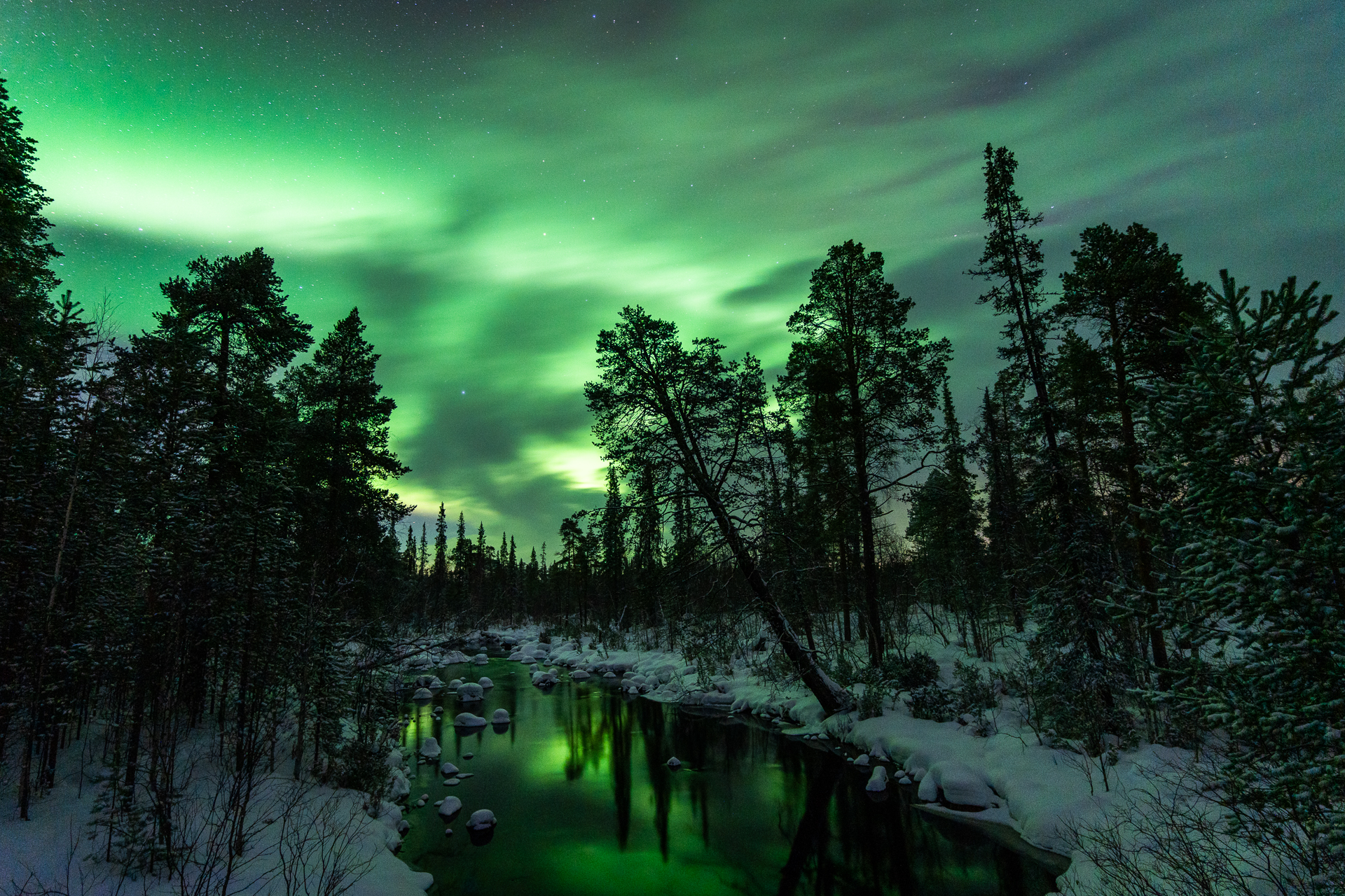 river, northern lights, winter, Maria Pochikaeva