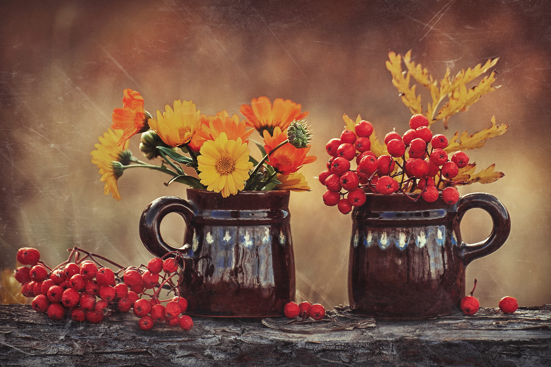 натюрморт, кружки, цветы, осень, ягоды, рябина, кружка, посуда, Гордейко Анна