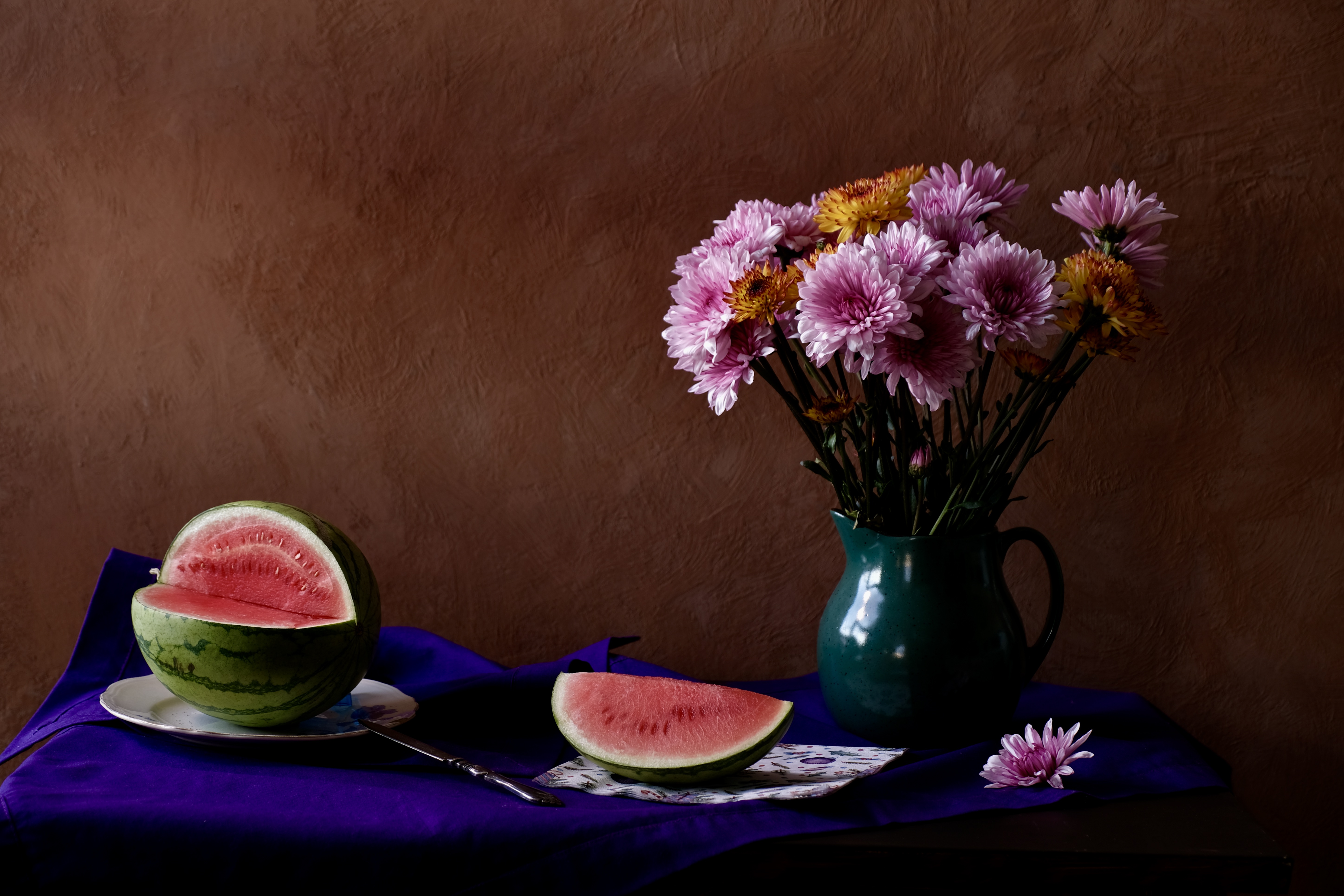 Still life, flowers, chrysanthemums, watermelon, food, fruits, colors, , Svetlana Povarova Ree