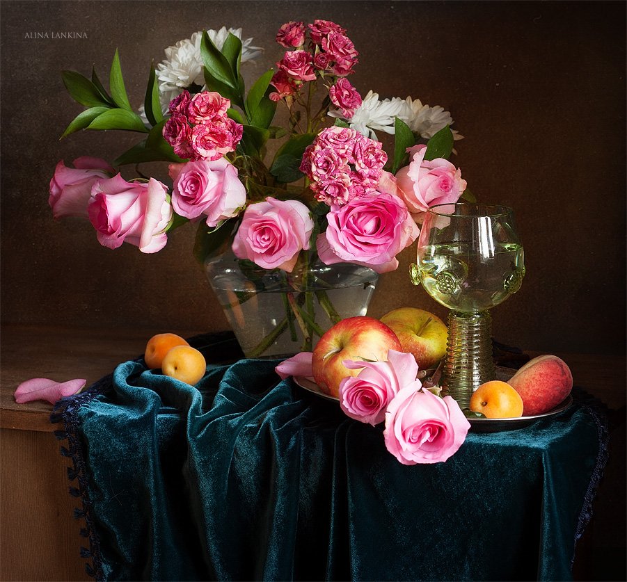 натюромрт, розы, цветы, букет, бокал, ремер, фрукты, яблоки, Alina Lankina