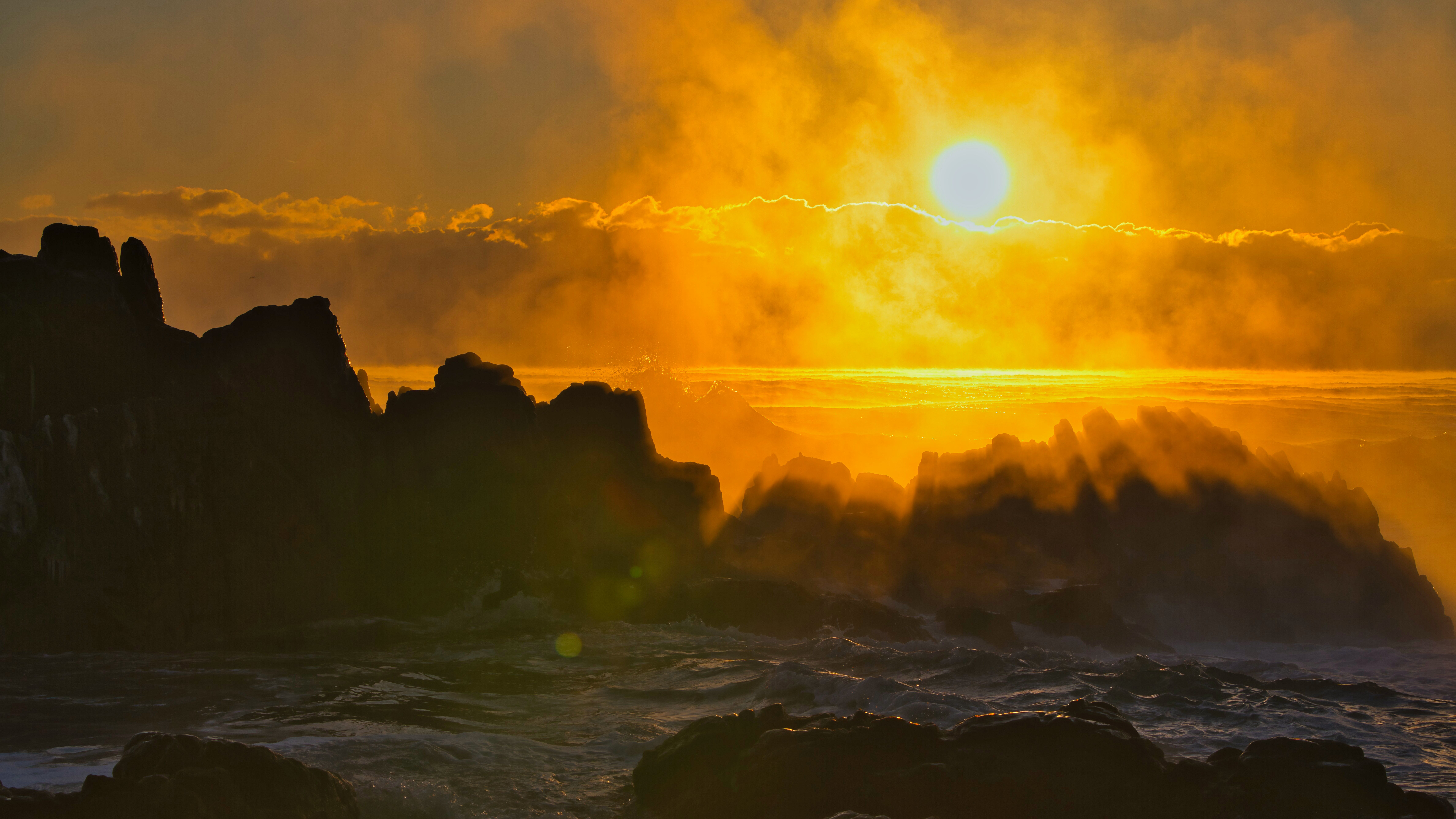 seascape, sunrise, water fog, backlight, silhouette, waves, seaside rocks, clouds,  , Shin
