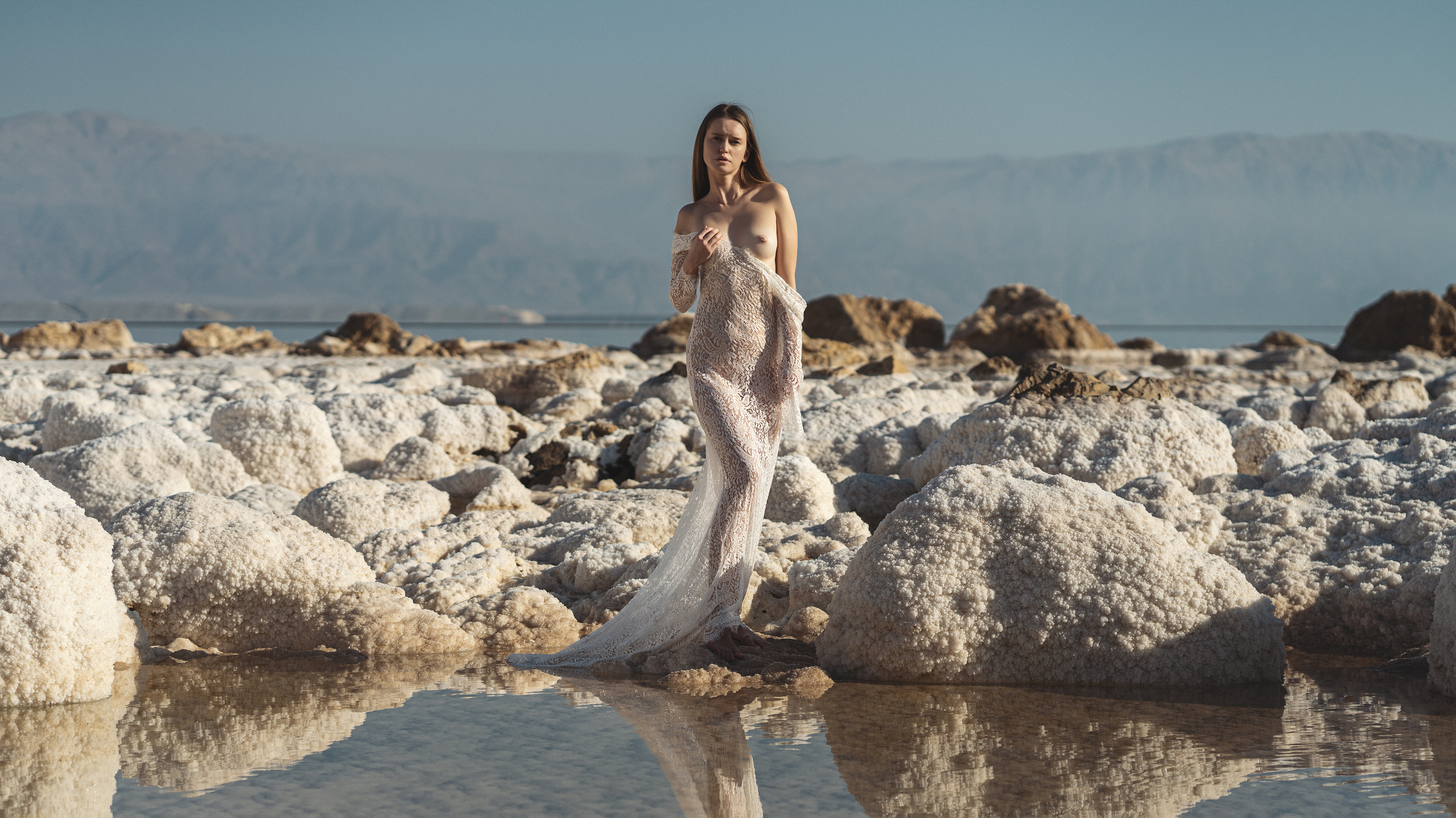 beach, beautiful woman, dead sea, desert, dry, femininity, front view, grace, individuality, looking at camera, naked, nude, one person, outdoors, peignoir, reflections, rocks, salt, seductive women, sensuality, sky, standing, stones, water, young women, Alex Tsarfin