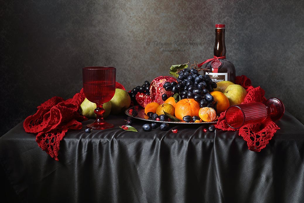 натюрморт, фрукты, красный, виноград, мандарины, гранат, Tatyana Karachkova