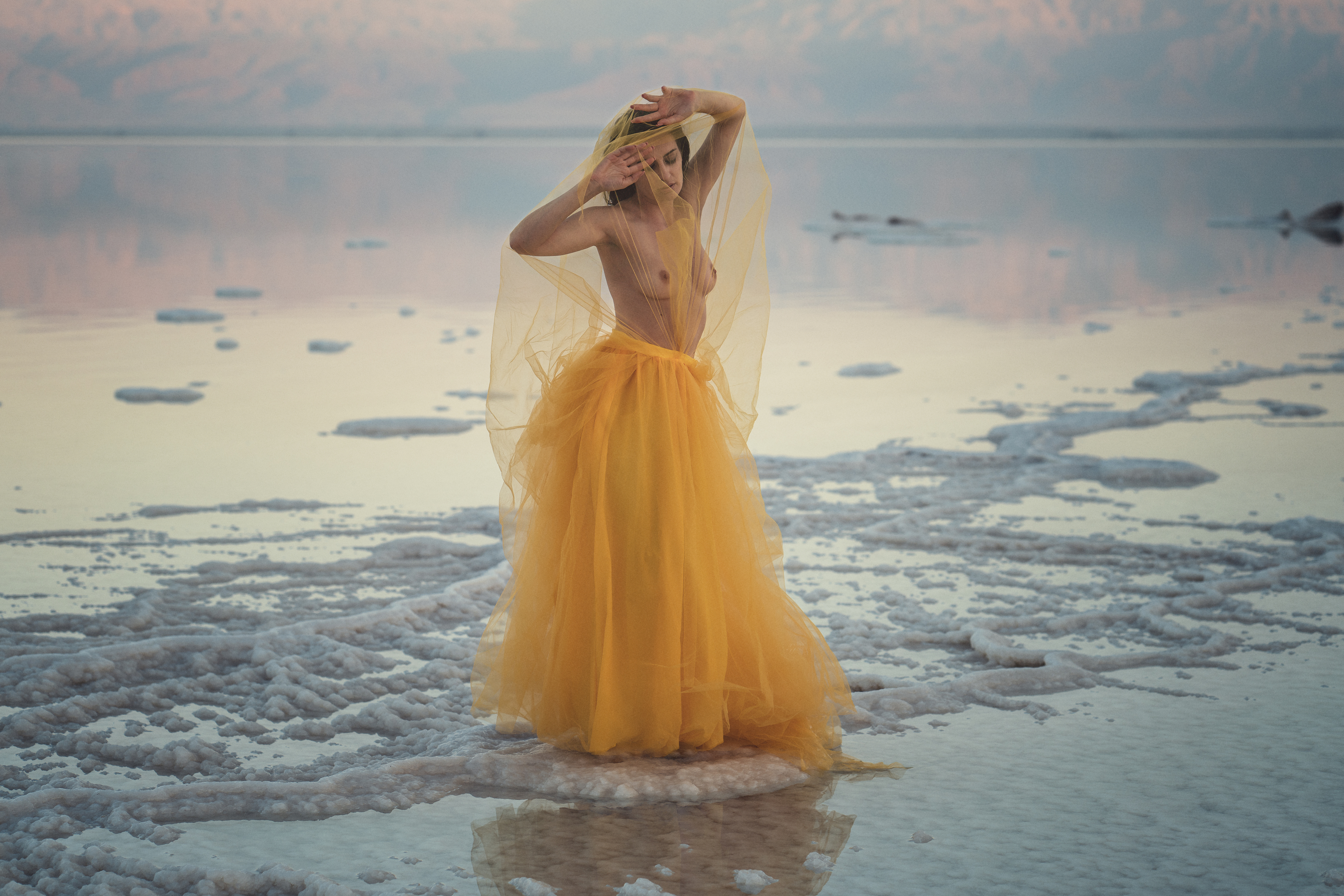 ball gown, beautiful woman, dead sea, desert, dreaminess, elegance, female, femininity, front view, golden hour, grace, individuality, naked, nude, one person, outdoors, pose, reflections, salt, seductive women, sensuality, standing, sunset, veil, water, Alex Tsarfin