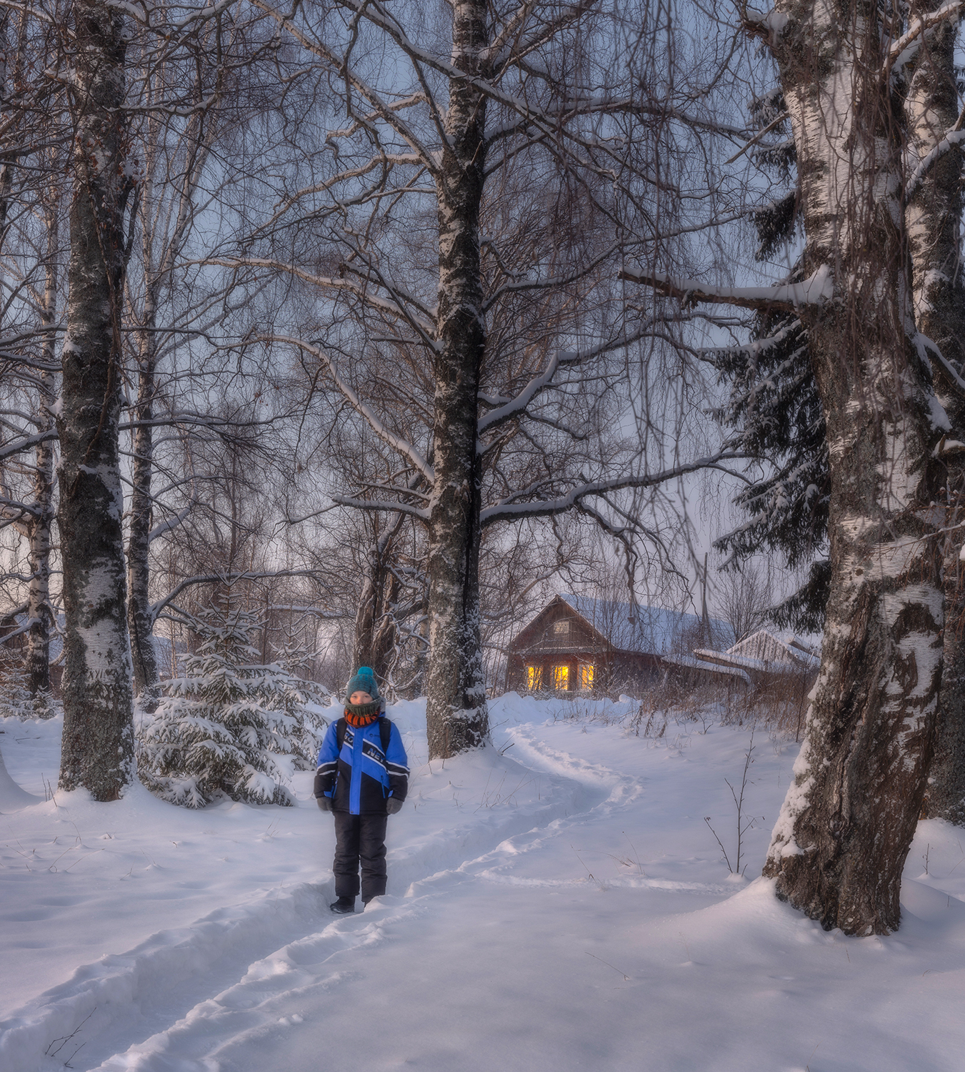 утро деревня мороз снег тропинка ученик, Сергей Буторин