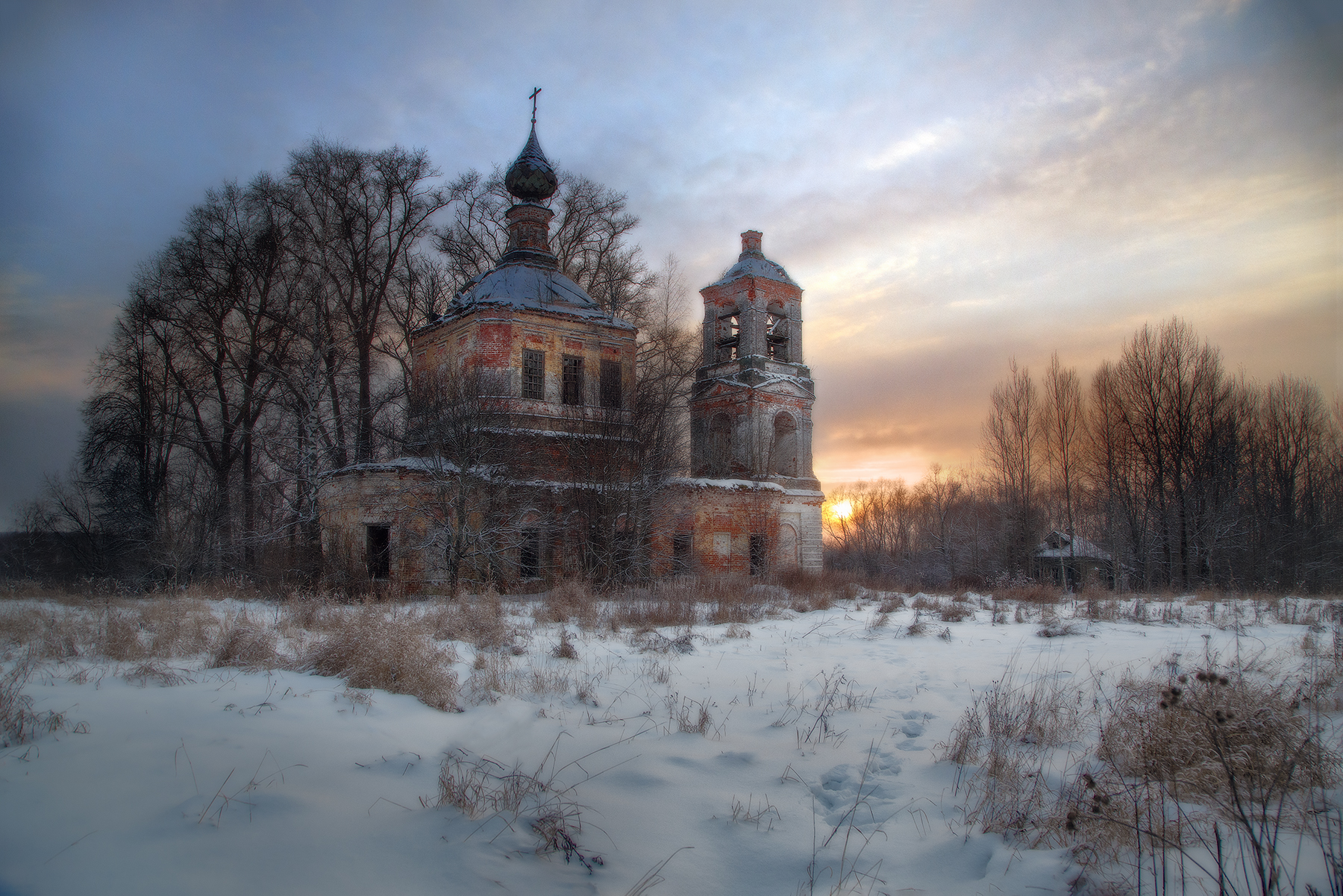 зима, закат, церковь, снег, пейзаж, купола, Макаров Роман