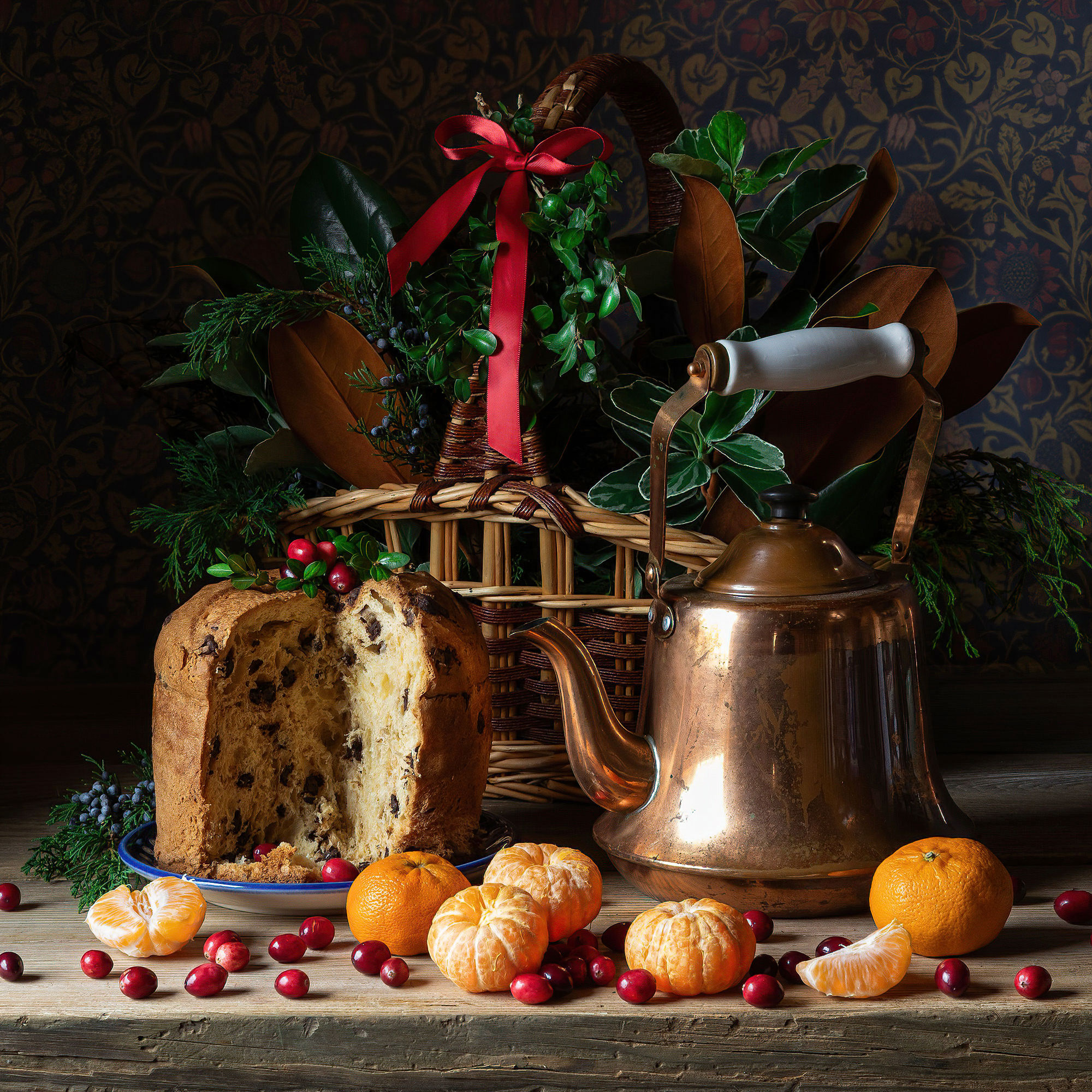 panettone, italian christmas cake, mandarines, christmas tradition, still life photography, festive, copper pot, rustic, cranberries, Слуцкая Яна