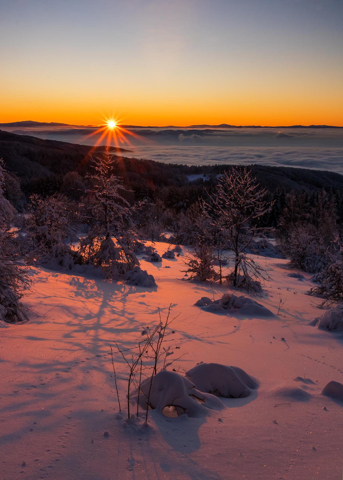 sunset, mountain, snow, winter, sun, Vania Tonova