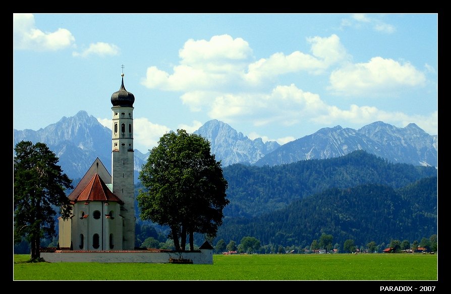 Бавария, Германия, церковь, горы, луга, Романтическая_дорога, PARADOX, PARADOX