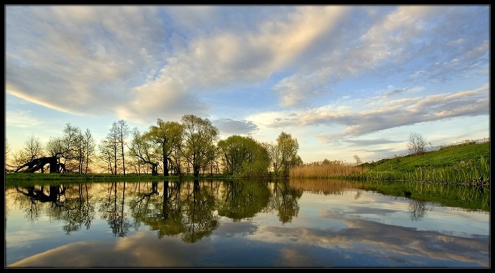 озеро, отражение, облака, деревья, вечер, закат, Евгений Гаганов