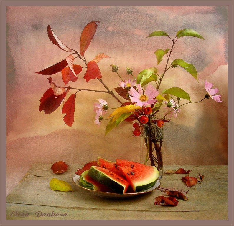 натюрморт, осень, листья, арбуз, Elena Pankova