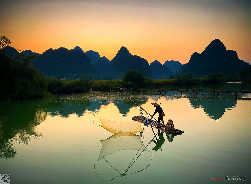quanphoto, landscape, sunset, sundown, mountains, reflections, river, fishing, fisherman, rural, vietnam, quanphoto