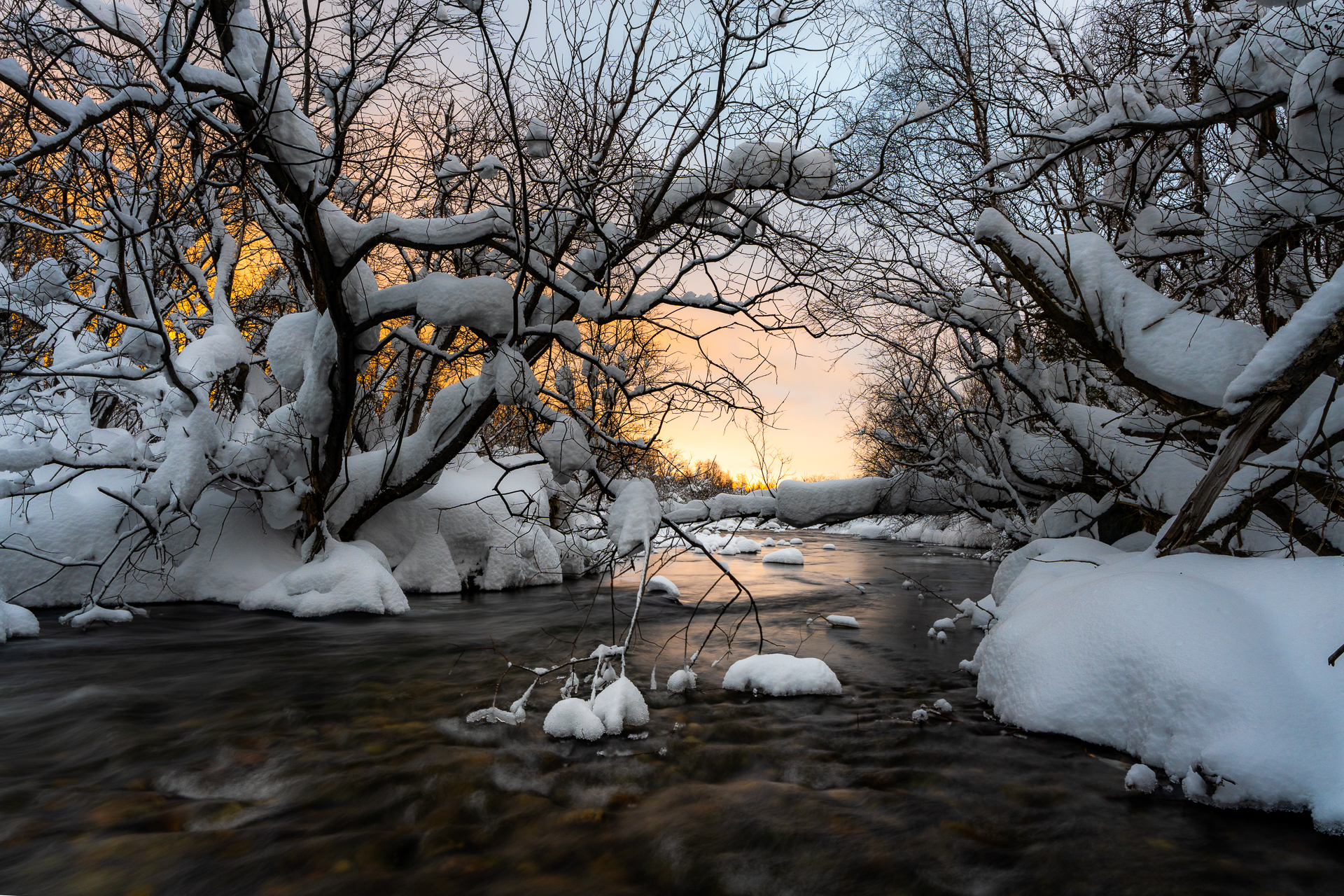 river, sunset, winter, Maria Pochikaeva