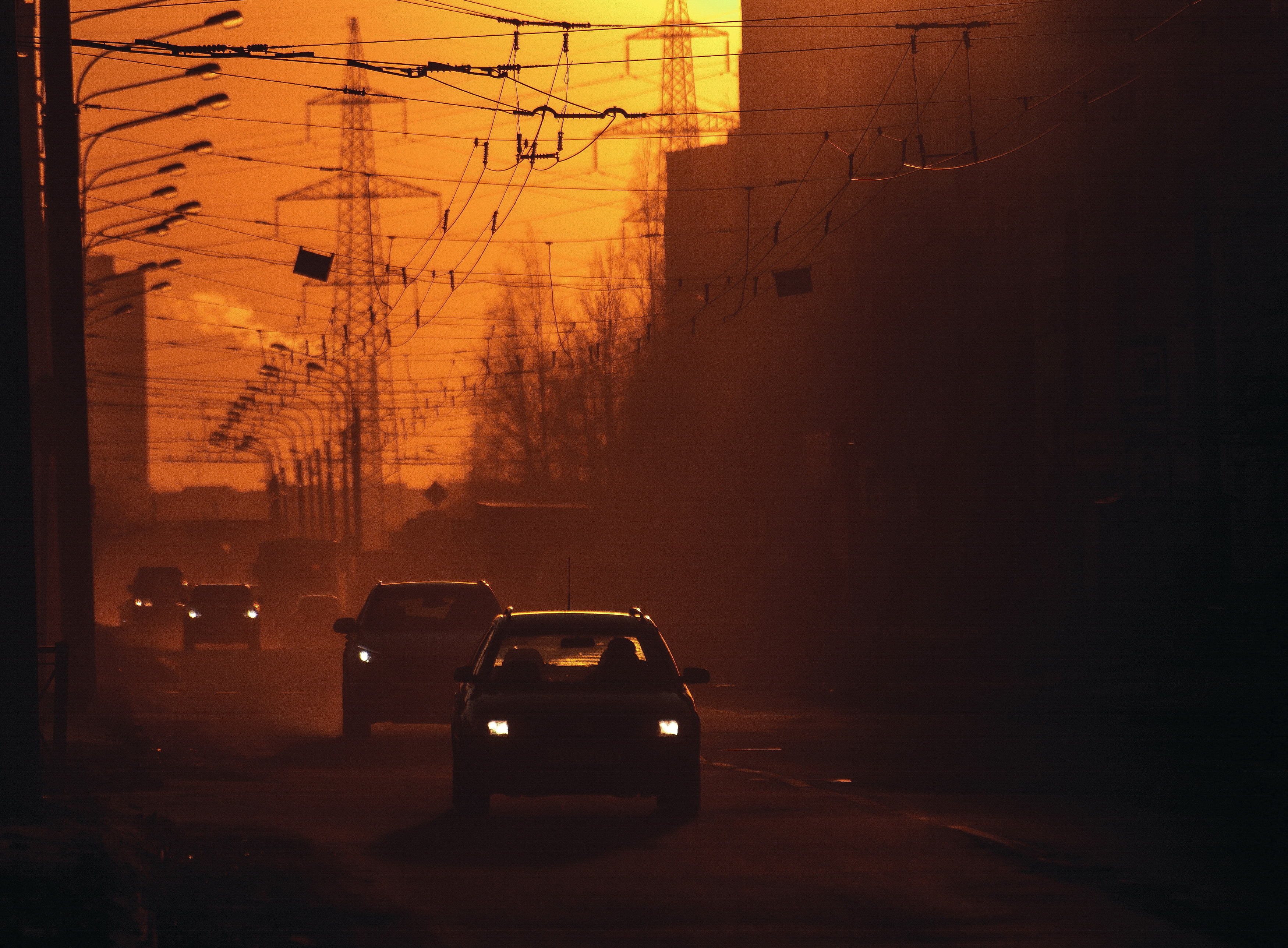 закат, солнце, машины, дорога, машина, фары, Vladimir Kedrov