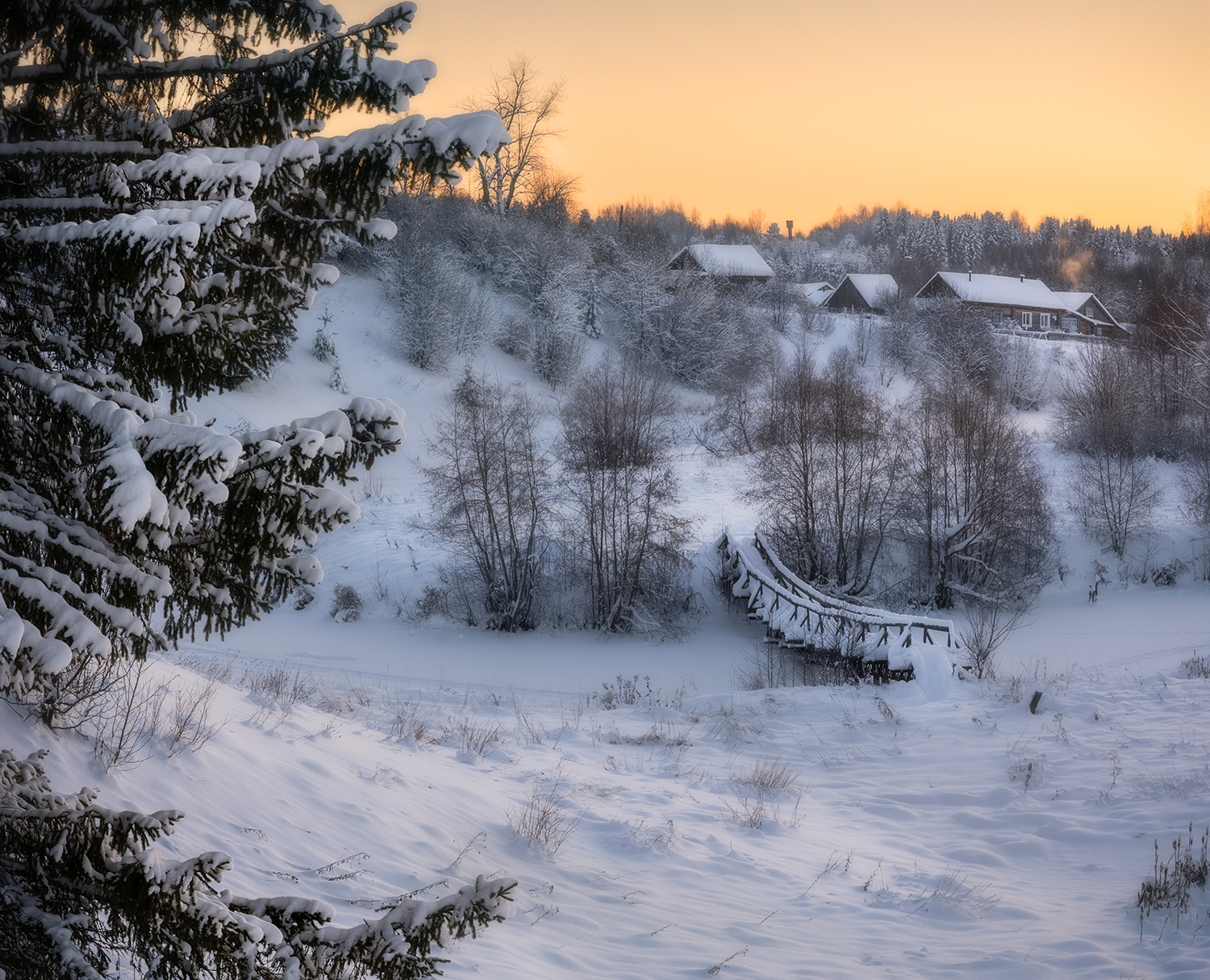 вечер село зима мороз мостик, Сергей Буторин