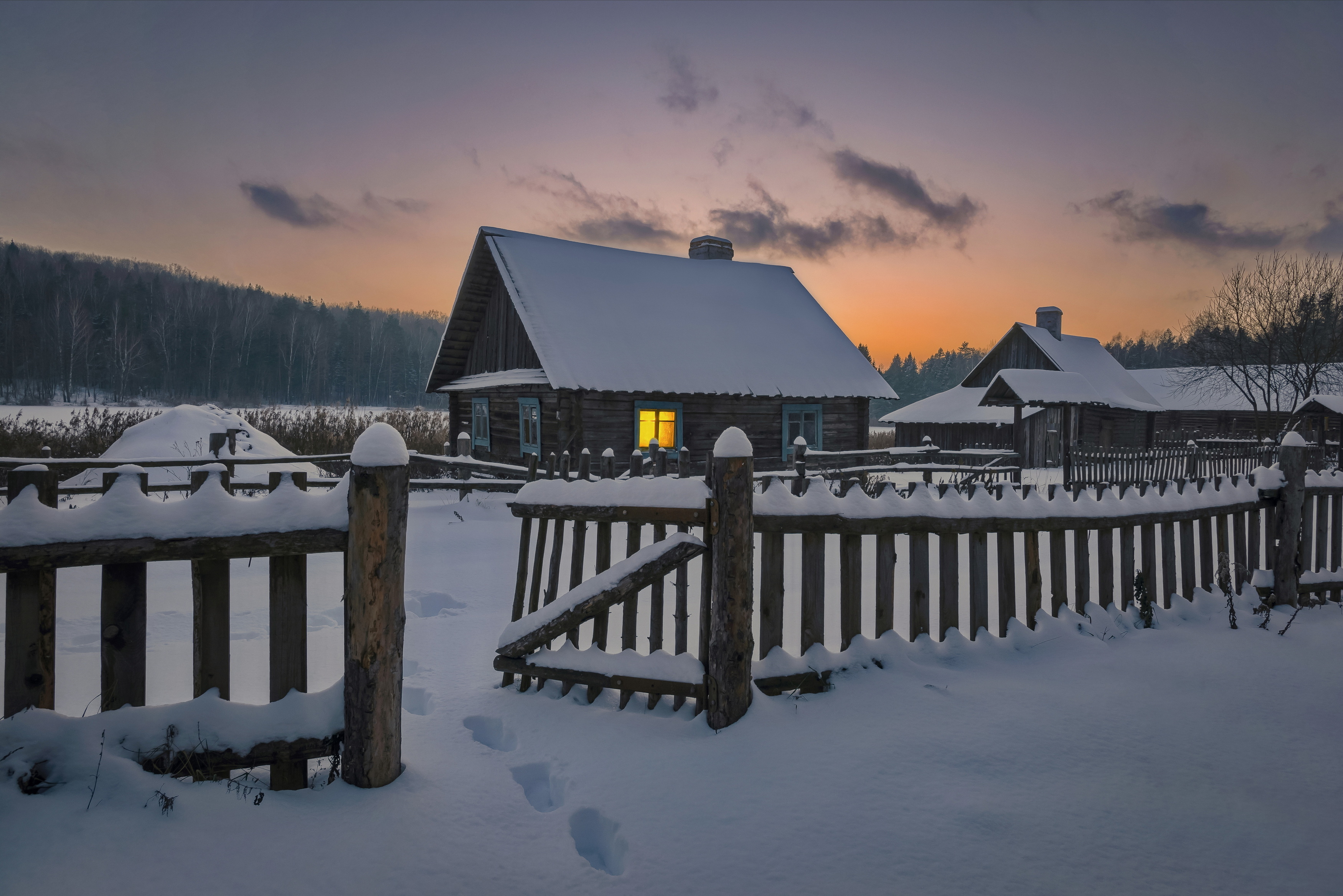 зима, деревня, вечер, закат, Александр Гвоздь
