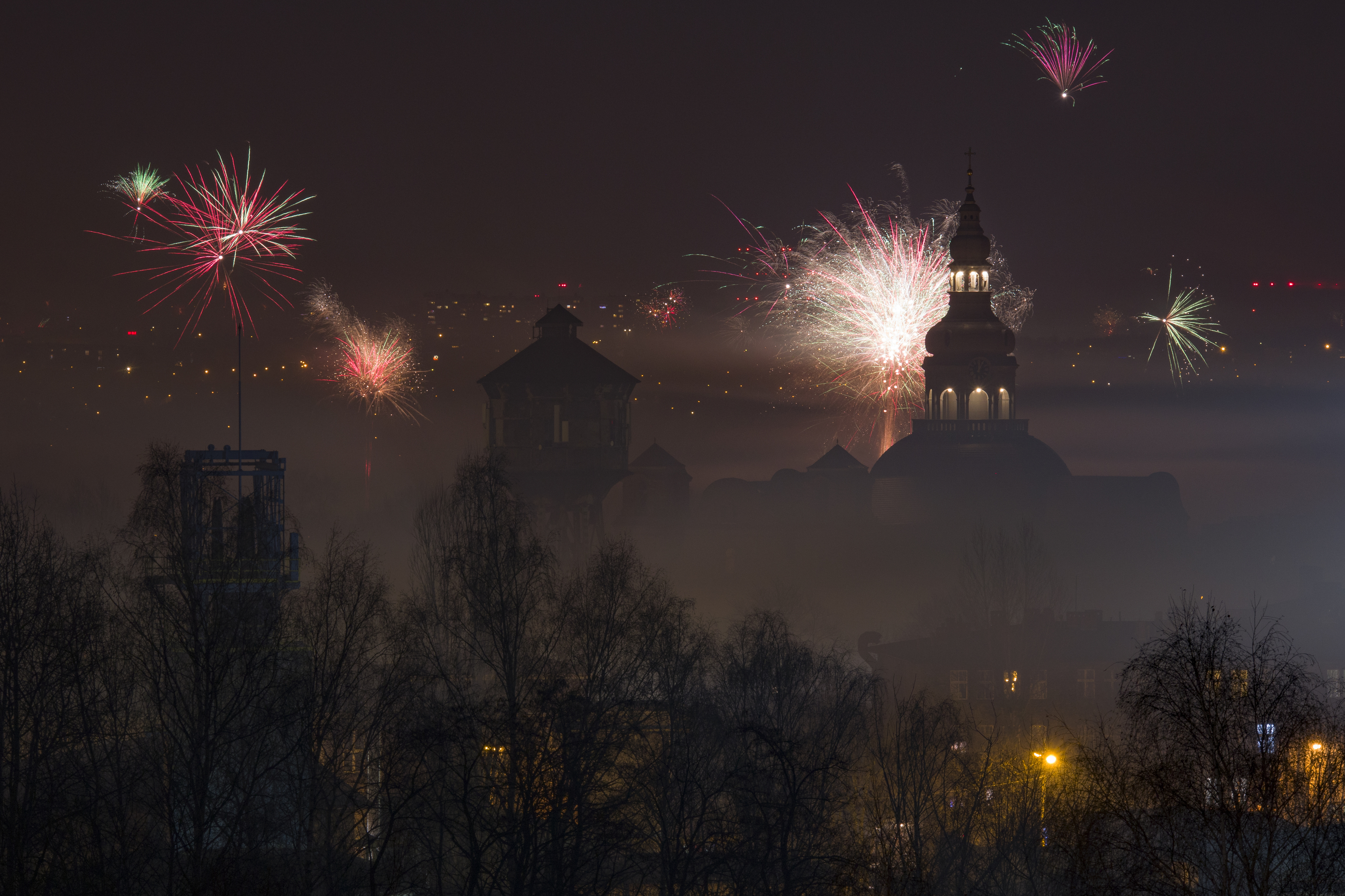 Night, Celebration, Firework, Exploding, Illuminated, Sky, Event, NewYear, 2024, Katowice, Nikiszowiec, Damian Cyfka
