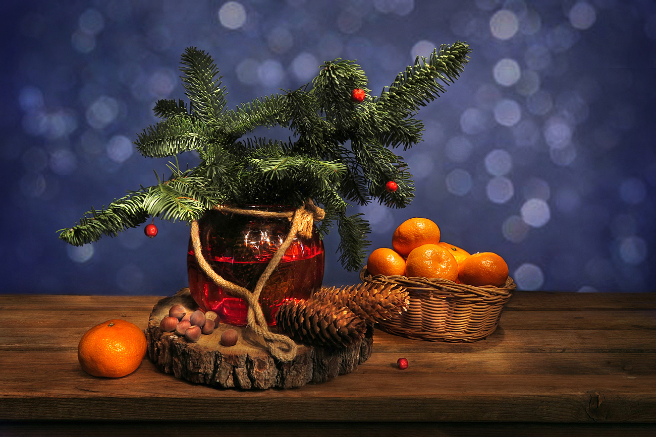 натюрморт, новывй год,елка,мандарнины,орехи,игрушки,мешочек, Алла Шевченко