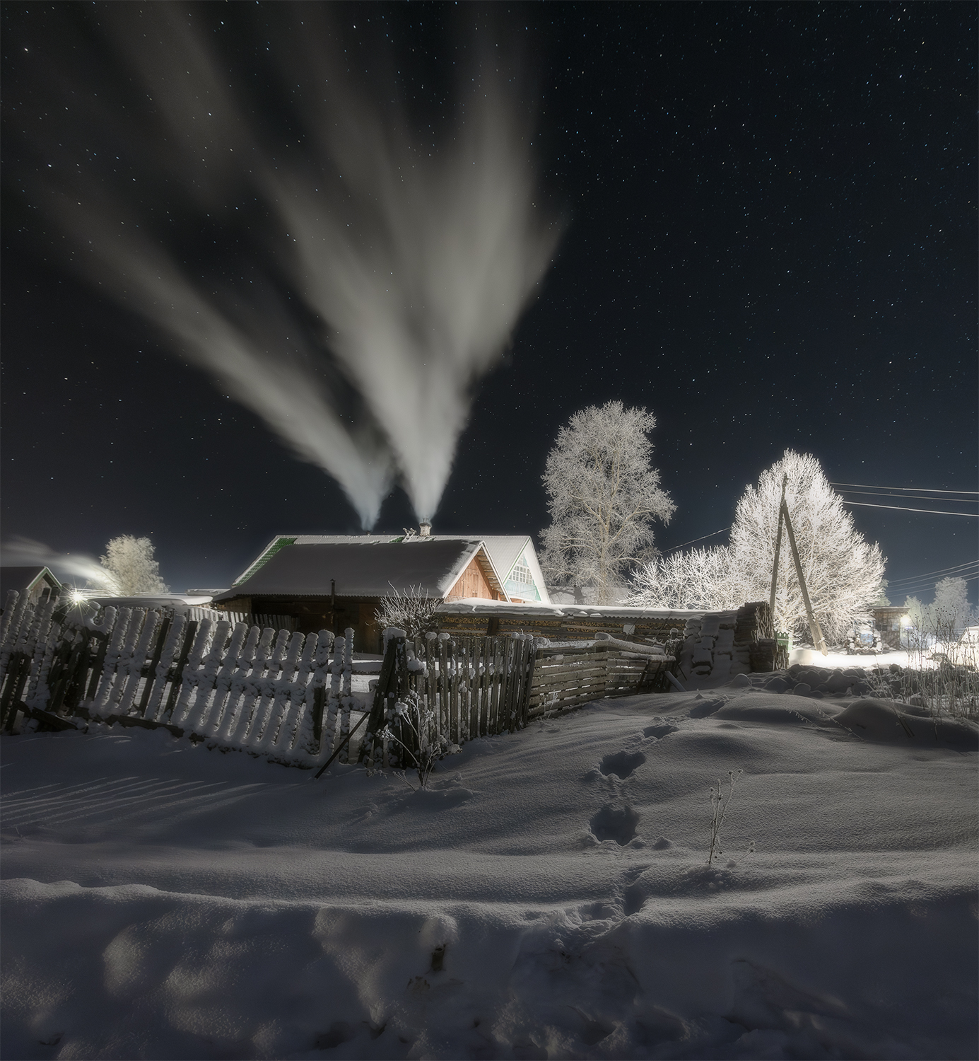 зима мороз вечер звезды дым деревня снег, Сергей Буторин