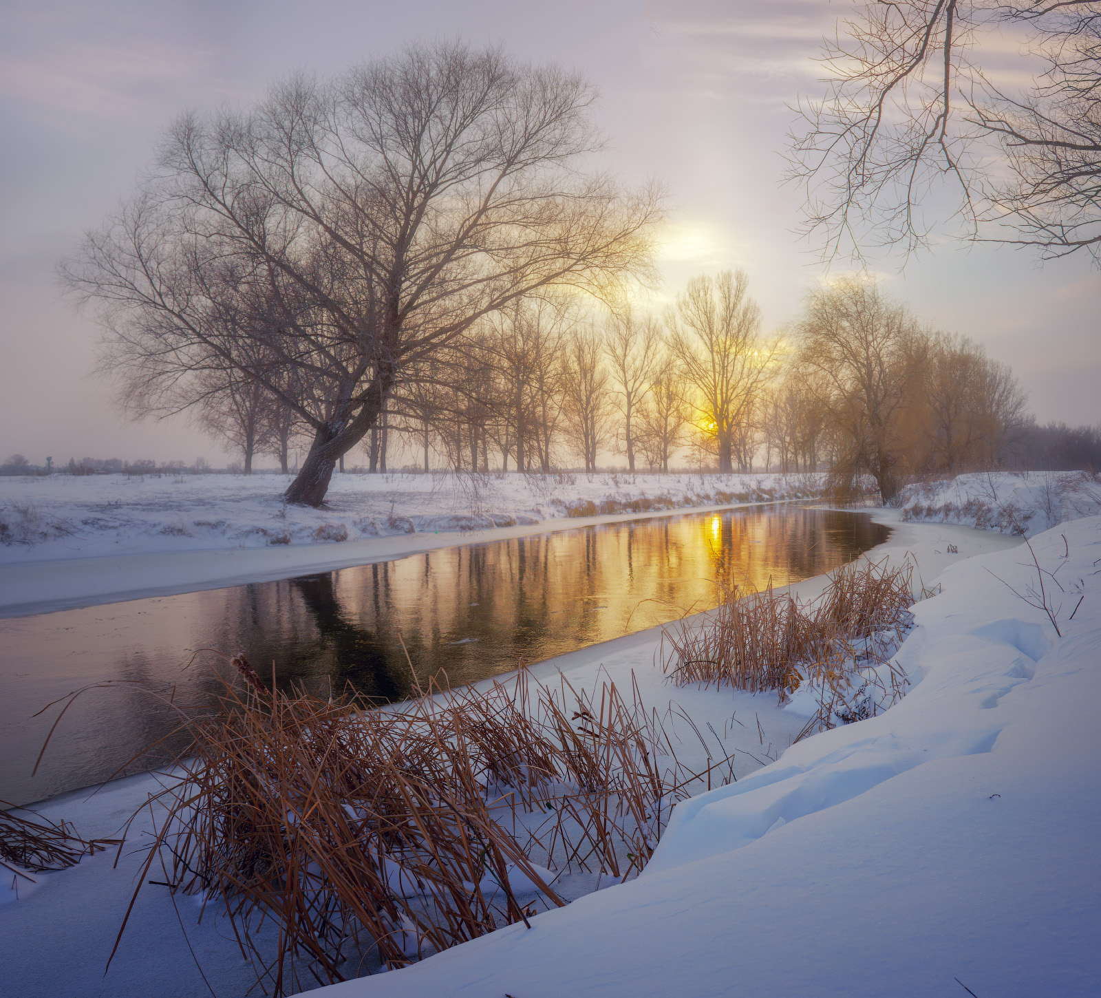 snow, nature, winter, evening, sunset, river, Виктор Тулбанов
