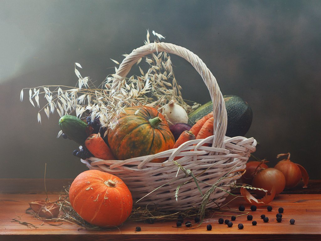 осень, натюрморт, корзина, урожай, изобилие, тыква, овощи, злаки, лук, морковь, кабачки, естественный свет, , Анна Губина
