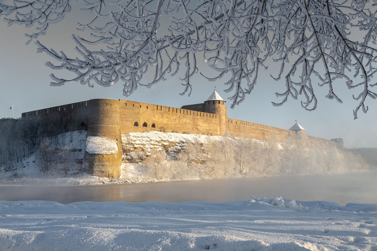 ивангородская крепость вид из нарвы январь мороз иней, Сергей Четвертной