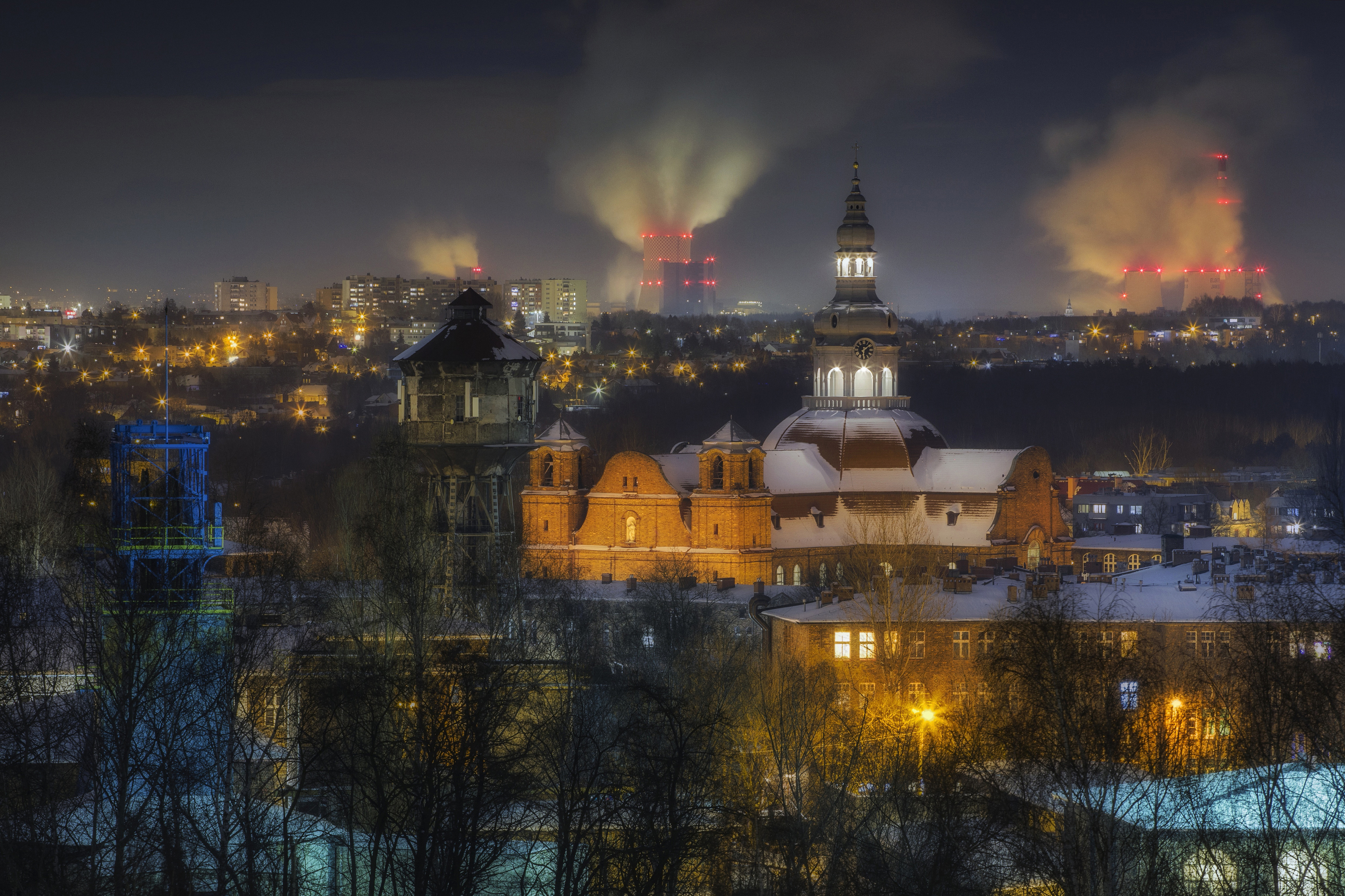 Landscape, Photography, Architecture, Katowice, City, Travel, Night, Church, Cityscape, Town, Old, Nikiszowiec, Landscape, Tower, Snow, Frost, Winter, Damian Cyfka