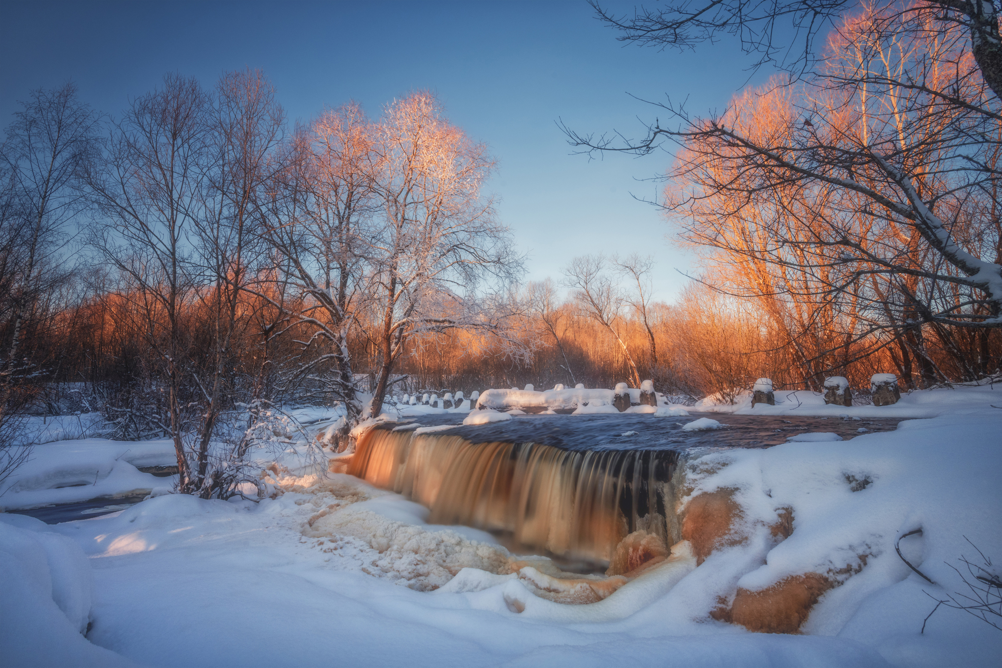 водопад зима снег закат, Третьякова Анастасия
