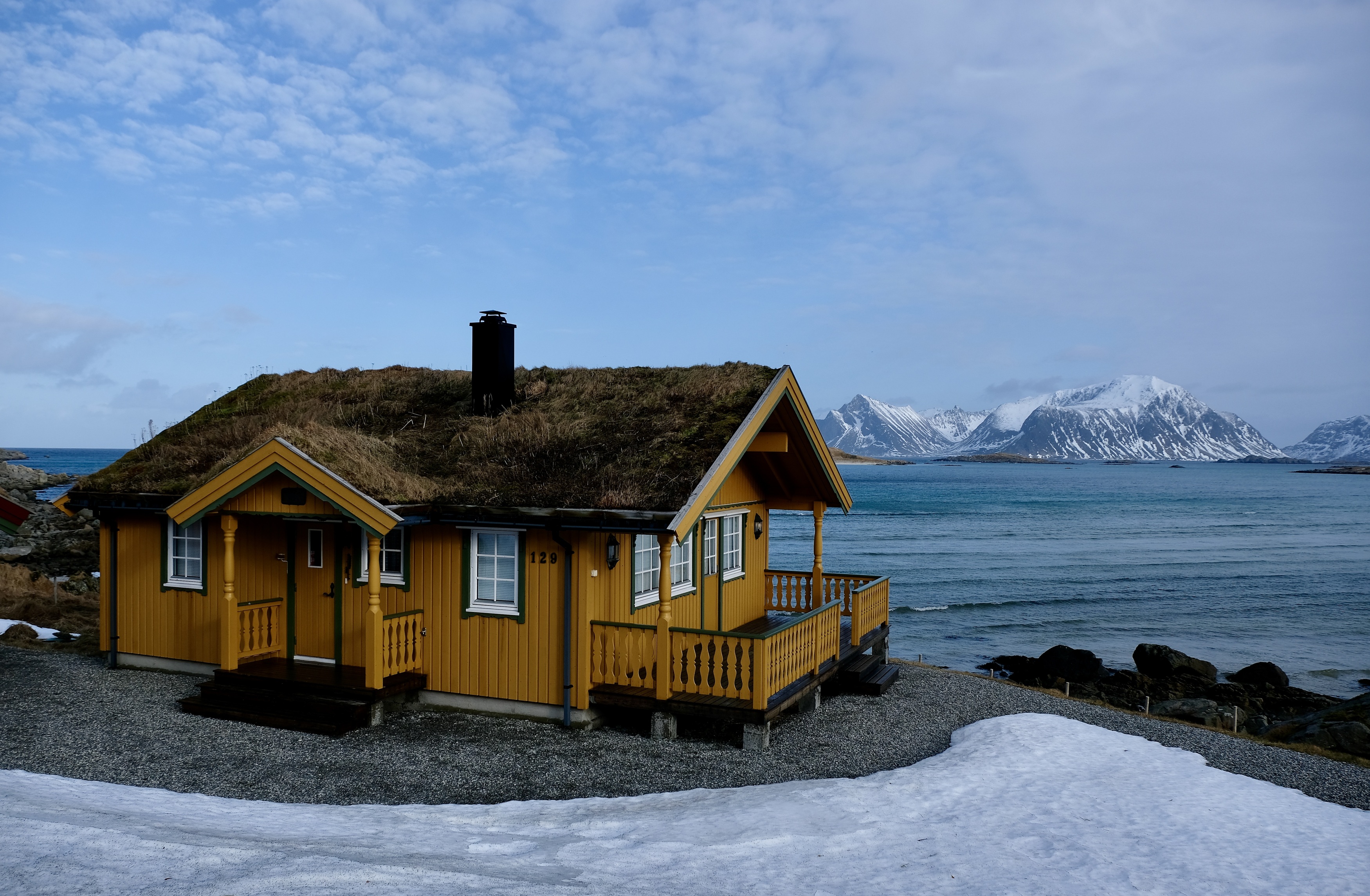 Landscapes, nature, travel, Lofoten, Norway, yellow, house, sea, blue, view, snow, mountains, cold, winter, , Svetlana Povarova Ree