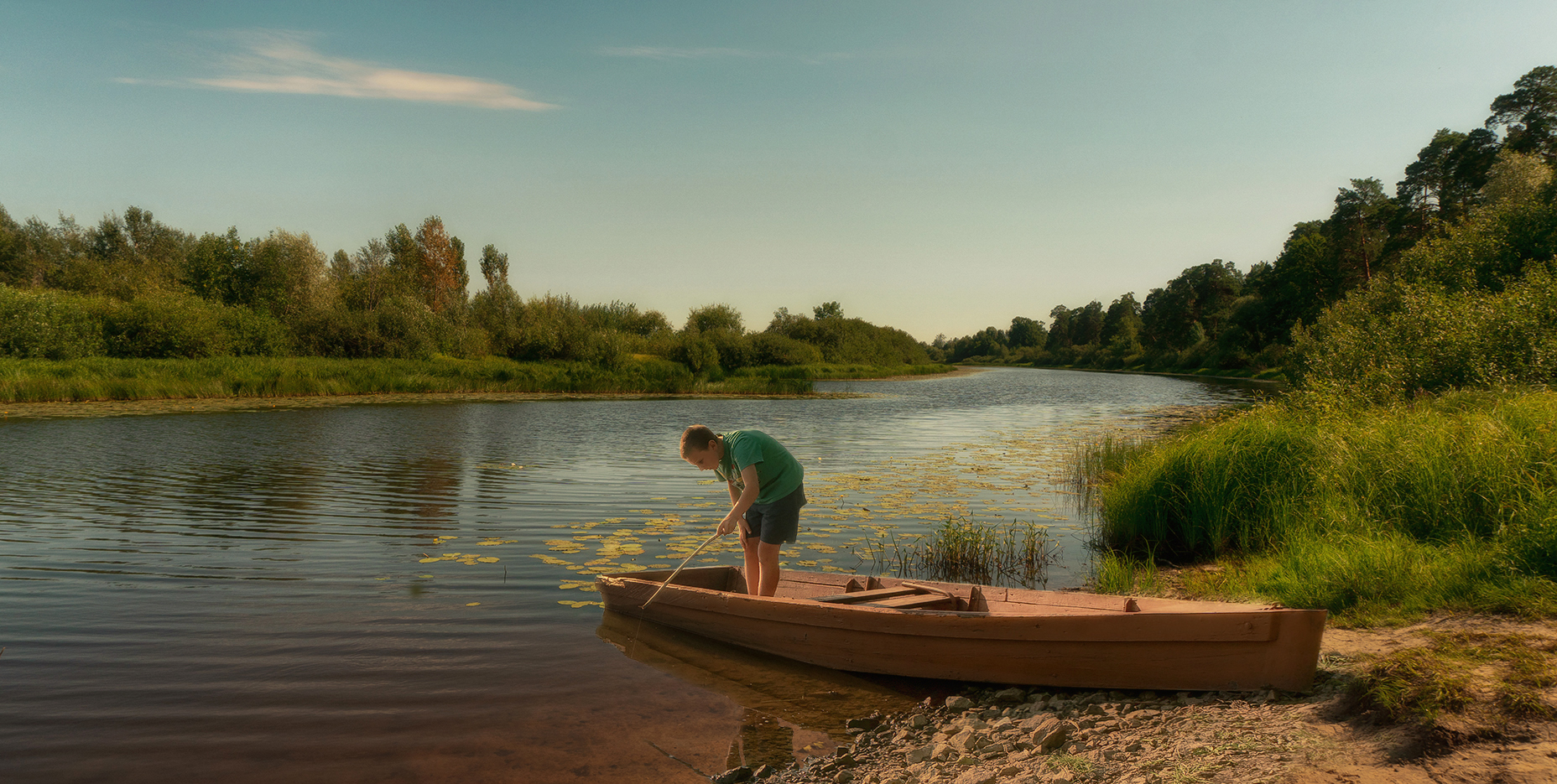 река, лето, лодка, мальчик, пейзаж, вечер, Alexandr Zypin