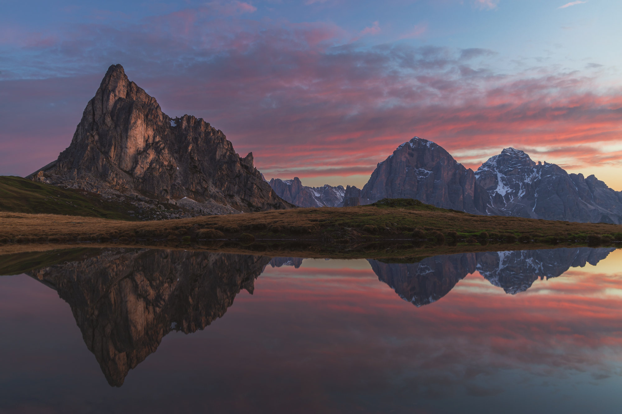dolomites, mountains, pond reflection, reflection, lake, ragusela, ra gusela, south tyrol, Johann Piber