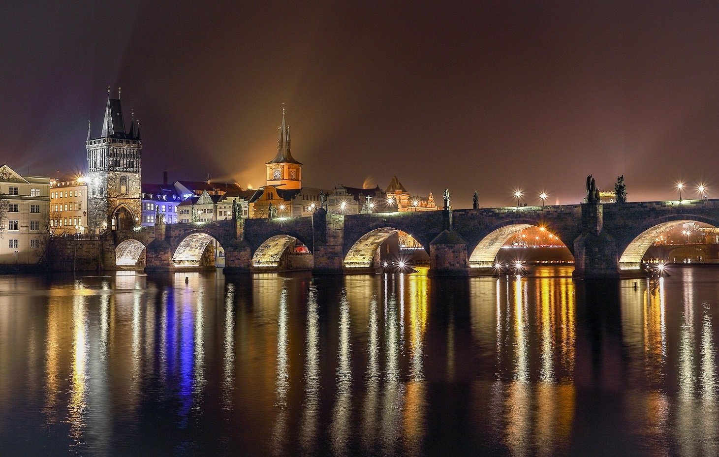 Прага, Карлов мост, ночь, река, Павел Попов