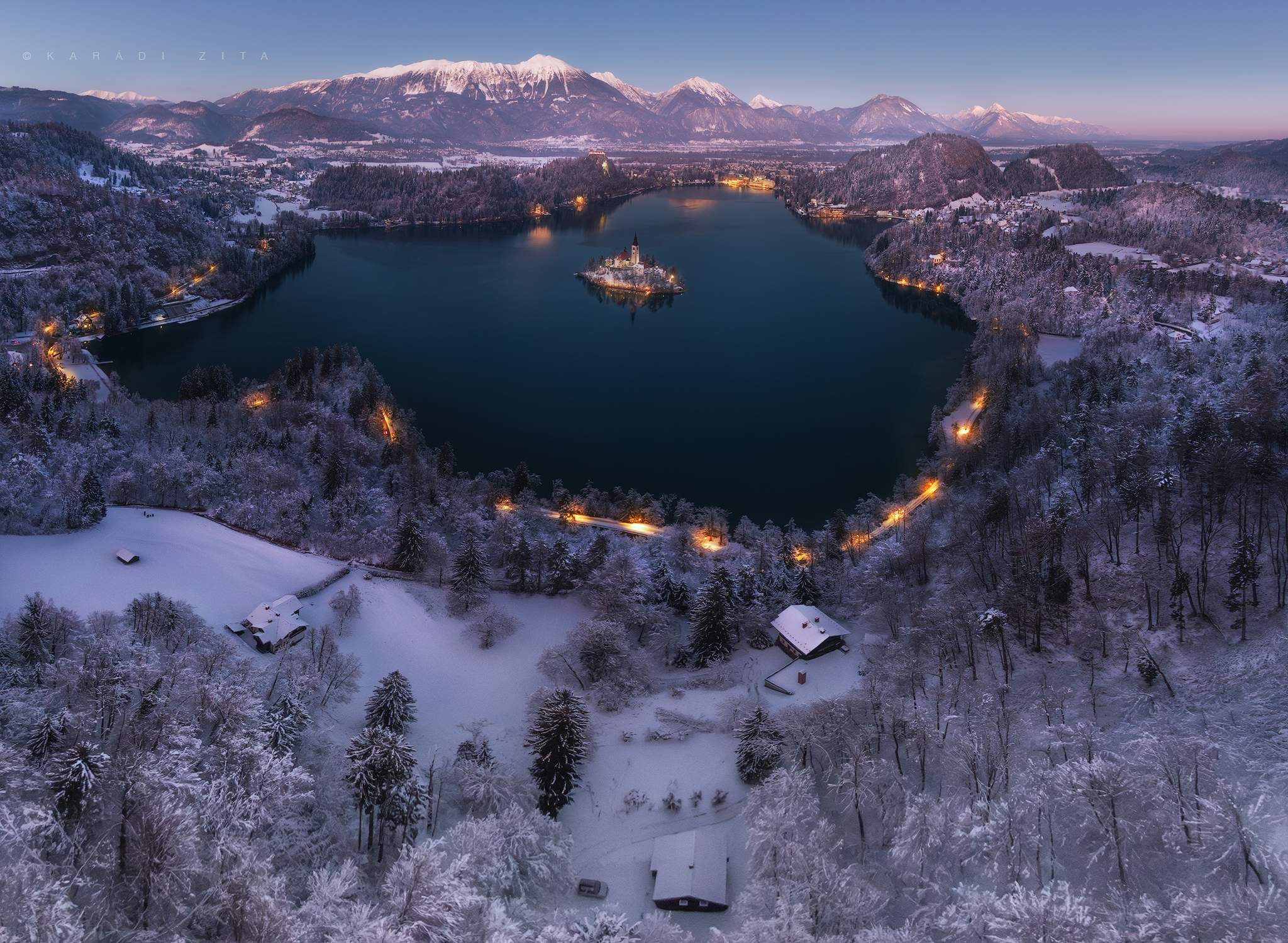 slovenia, sunset, landscape, longexpo, nikon, winter,  mountain, clouds, snow, lake, island, bluehour, Karádi Zita