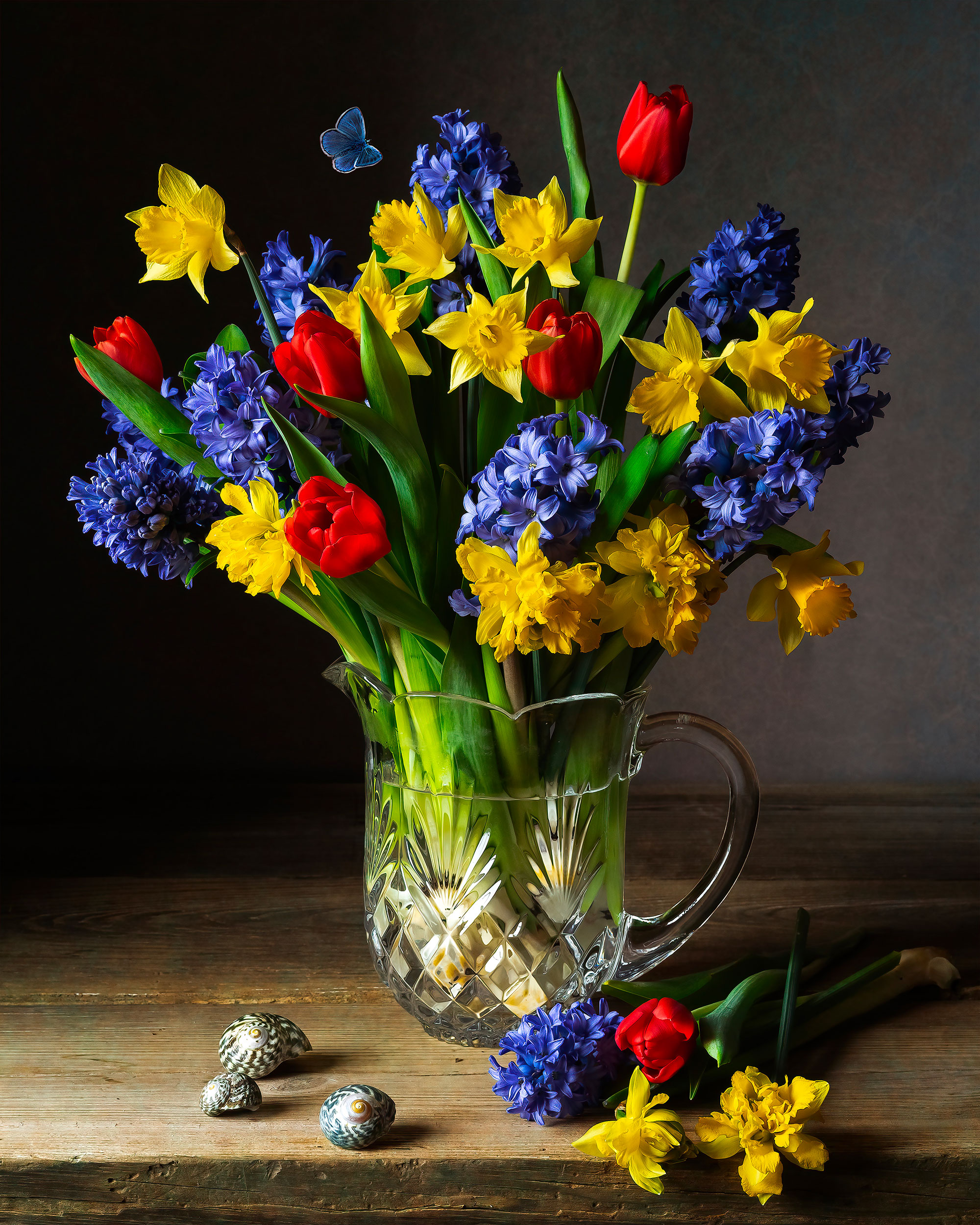 spring flowers, deffodils, hyacinth, tulips, still life, floral arrangement, Слуцкая Яна