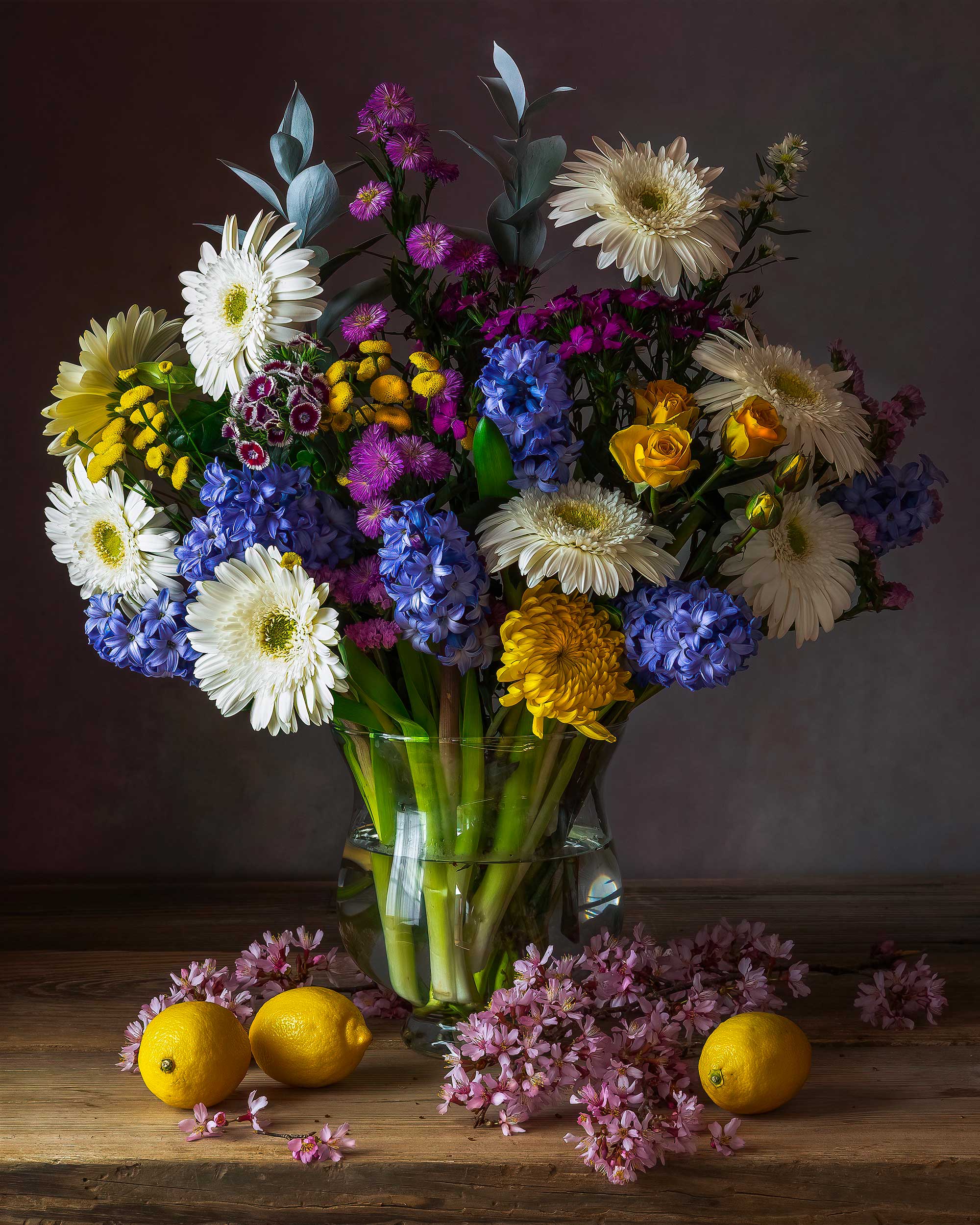 flowers, gerberras, roses, lemons, still life, botanical art, photography, spring flowers, Слуцкая Яна