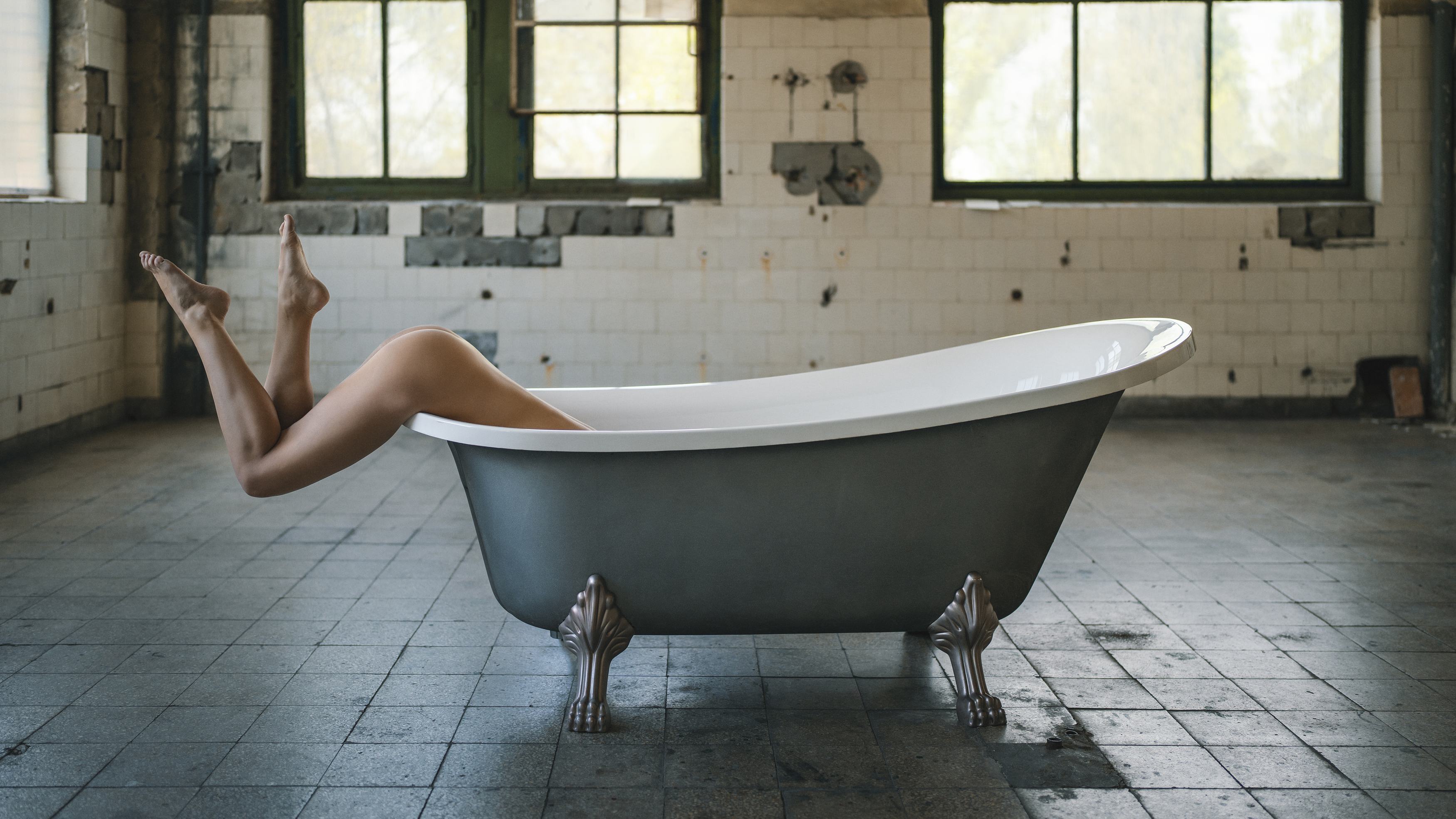 abandoned building, attractive, bath, creative, fantasy, female, grace, individuality, indoors, lifestyles, nude, one person, pose, scene, sensuality, side view, studio shot, windows, young woman, Alex Tsarfin