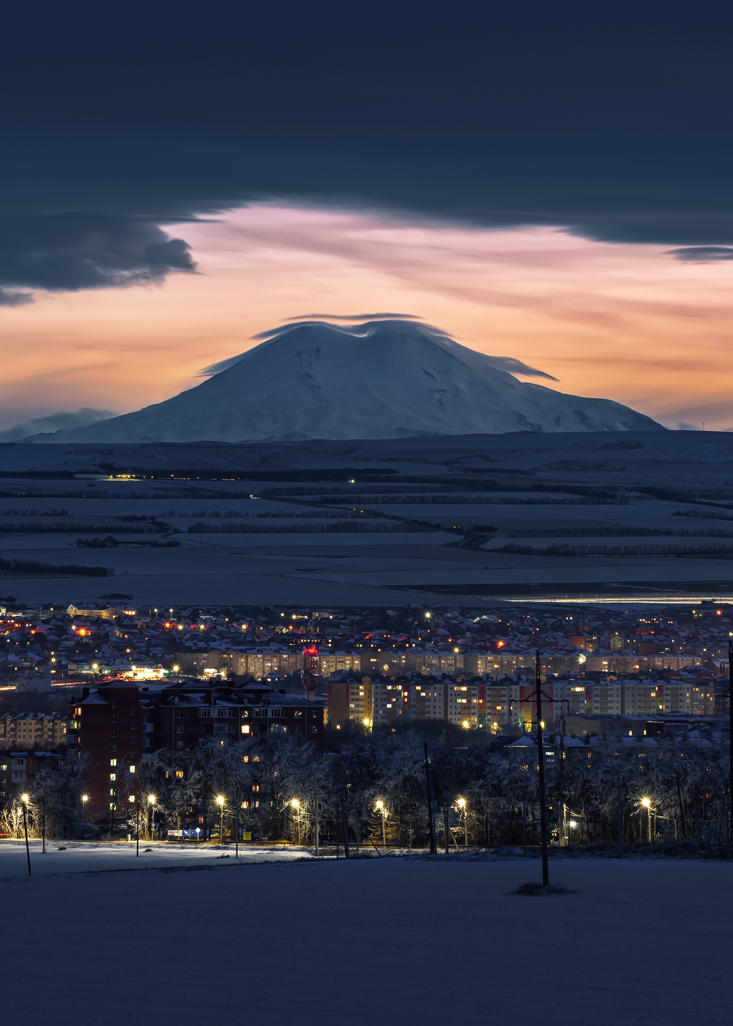 кавказ, вечер, закат, зима, ночной город, город, ессентуки, эльбрус, гора, Zakharov Armen
