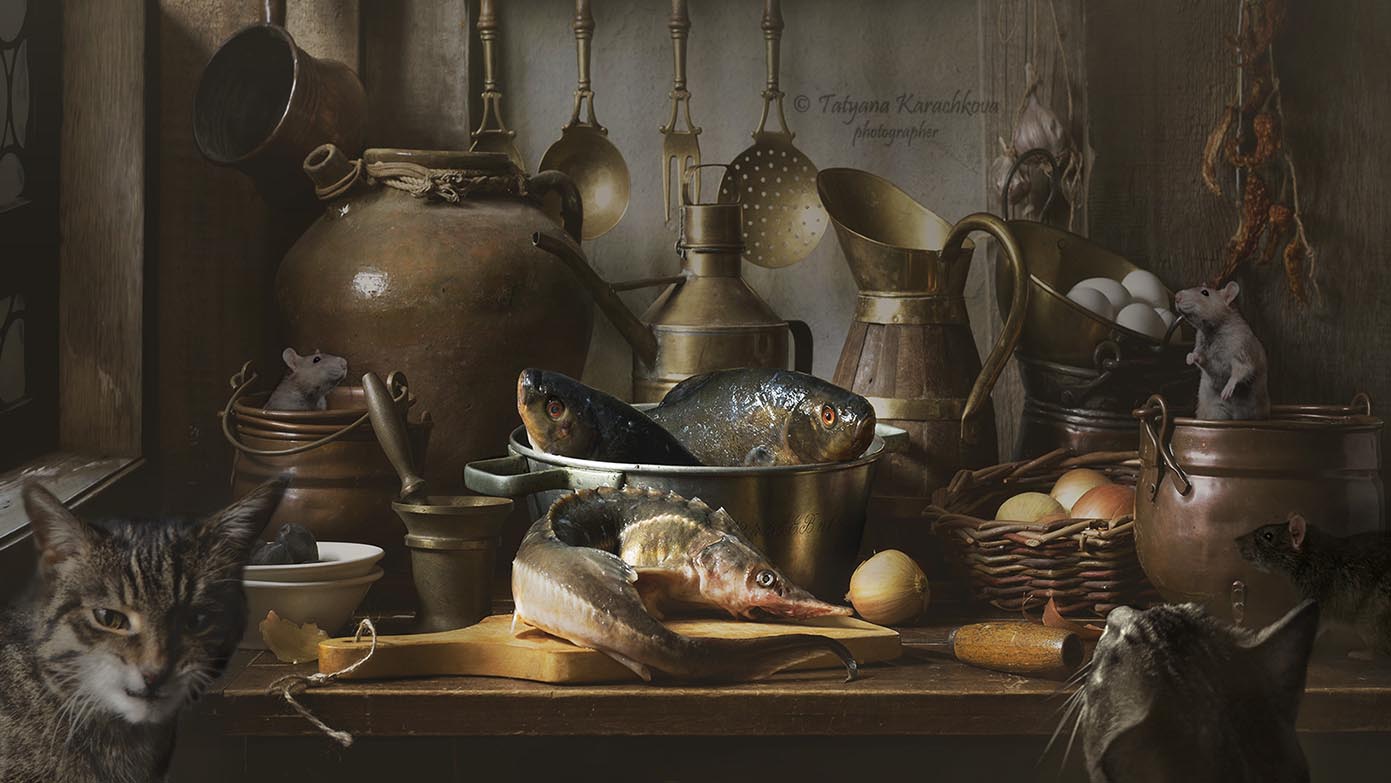 натюрморт,  рыба, кот, классический натюрморт, кухонный натюрморт, Tatyana Karachkova