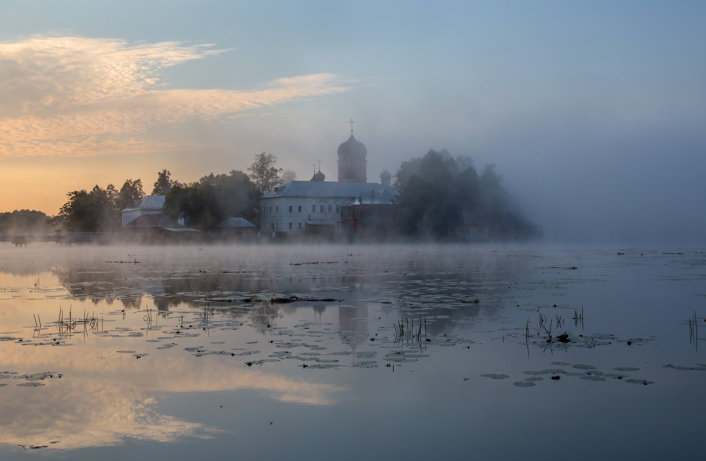 озеро, церковь, туман, вода, утро, Павел Попов