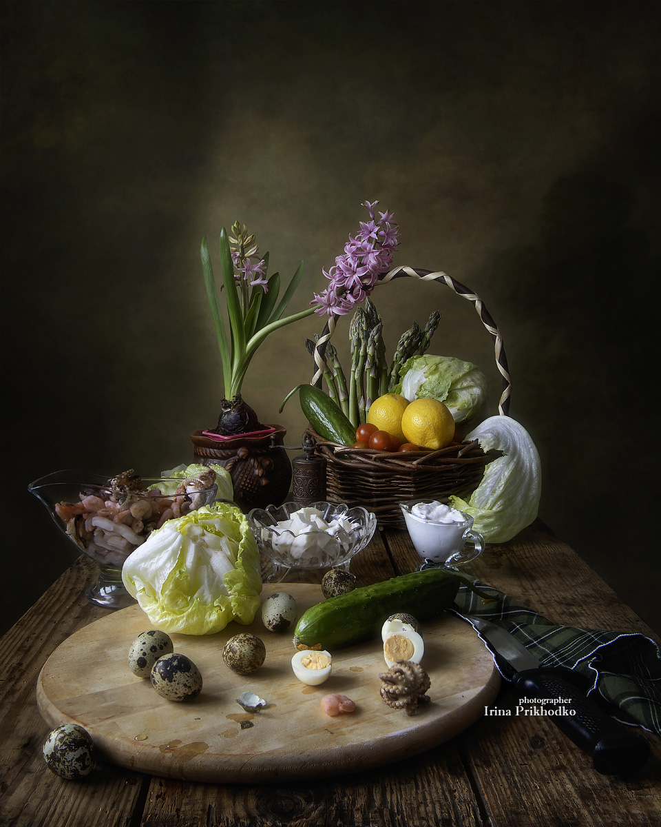 натюрморт, овощи, морепродукты, салат, цветы, гиацинт, Приходько Ирина