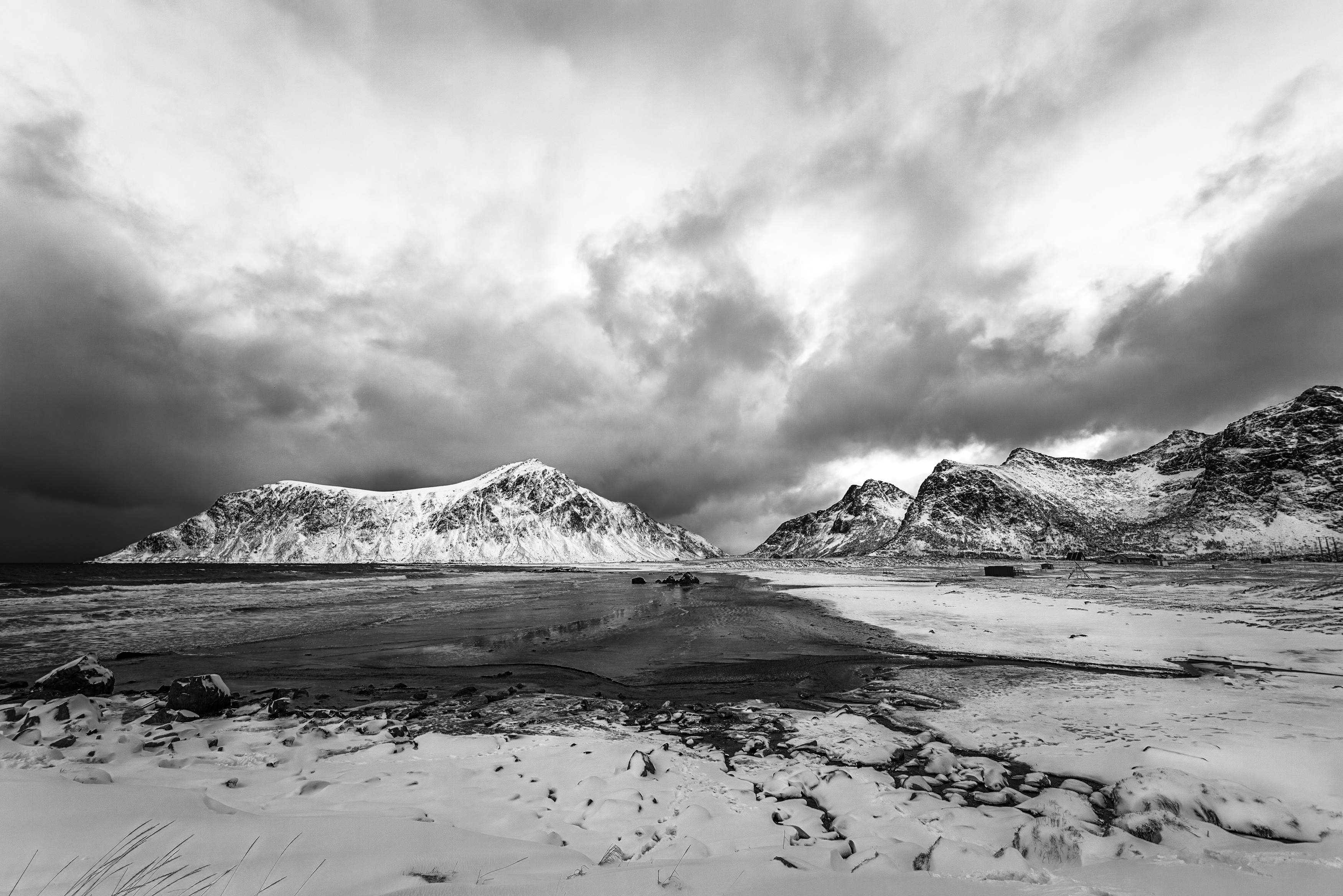 winter, snow, water, Lofoten, black and white, Julius LIU