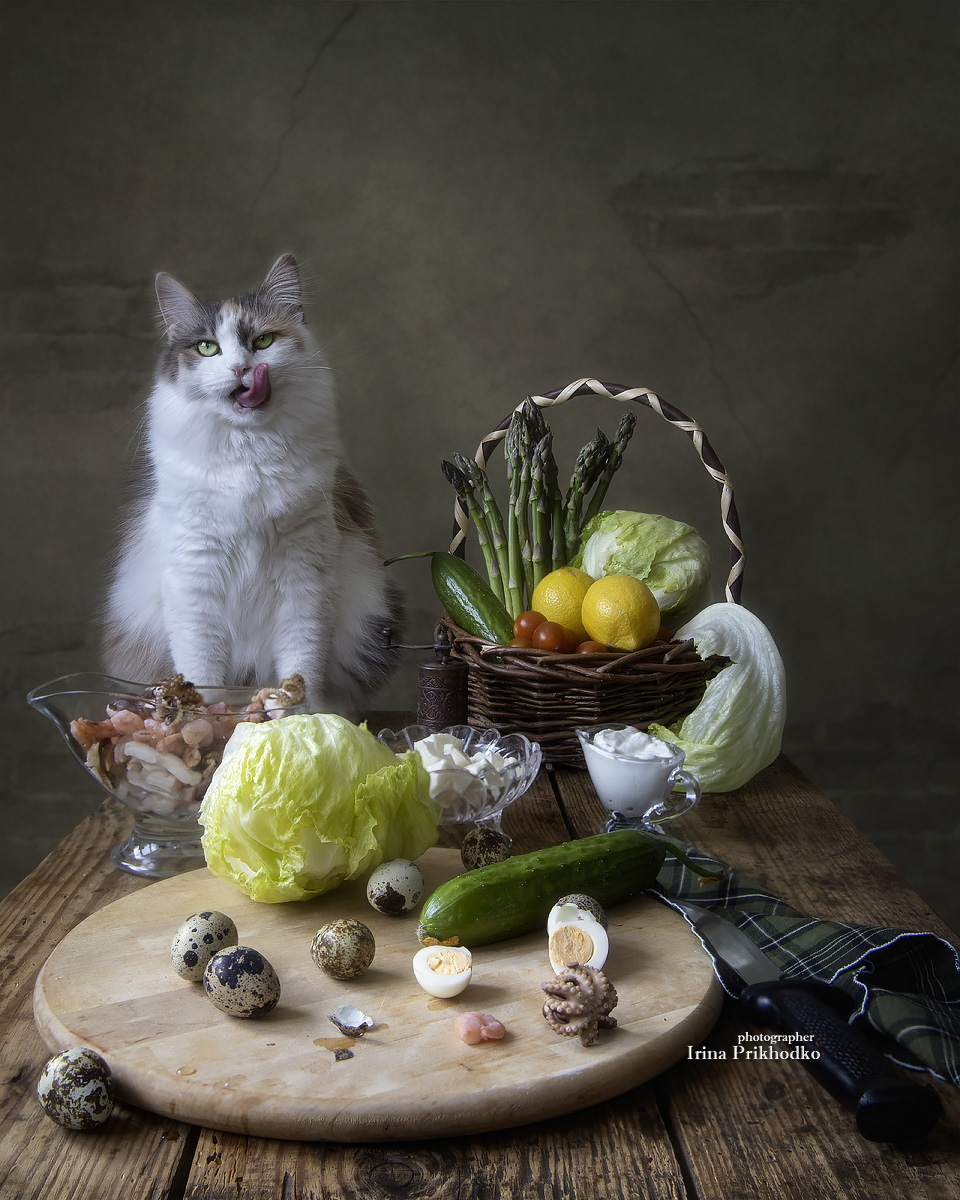 натюрморт, кухонный стол, домашние животные, кошка, овощи, Приходько Ирина