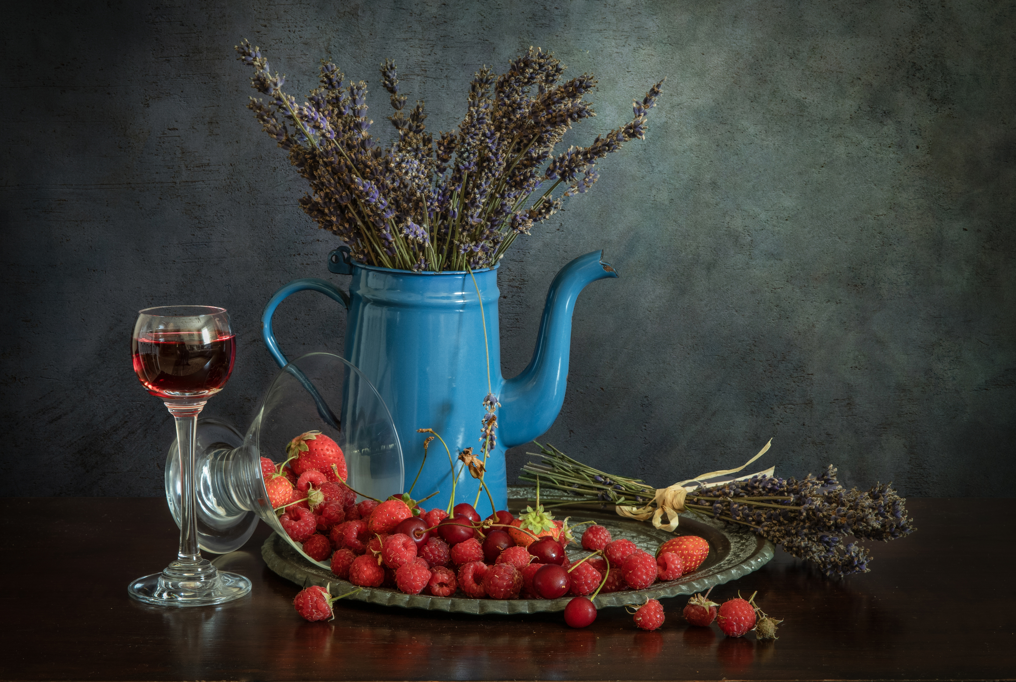 Blue kettle, berries, lavender, Горбачева Маментьева Татьяна